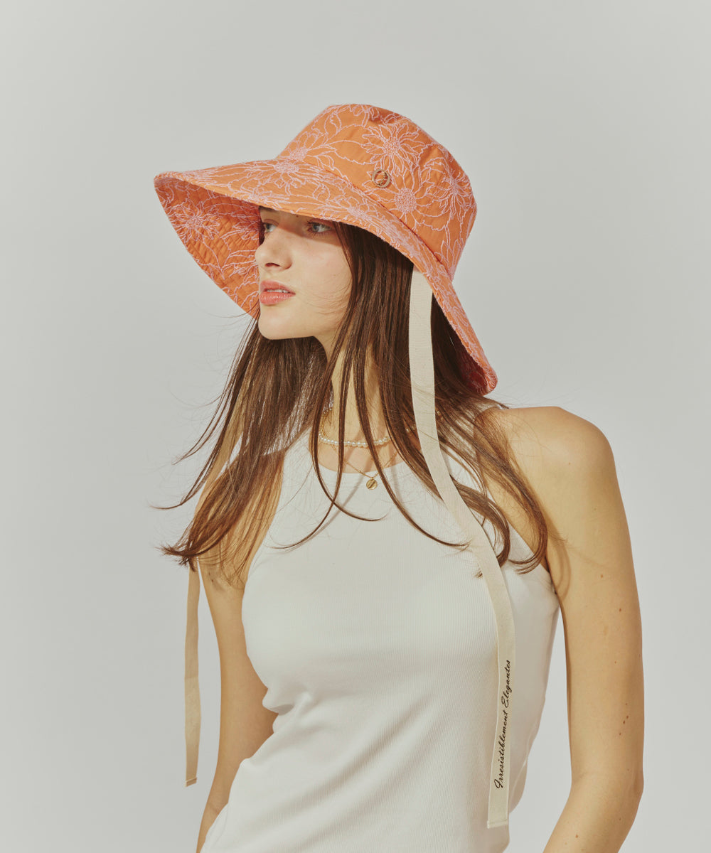 日本Override Chapeau d ‘O 可折叠防晒帽 压花飘带帽 夏日圆顶渔夫帽 头围可调节