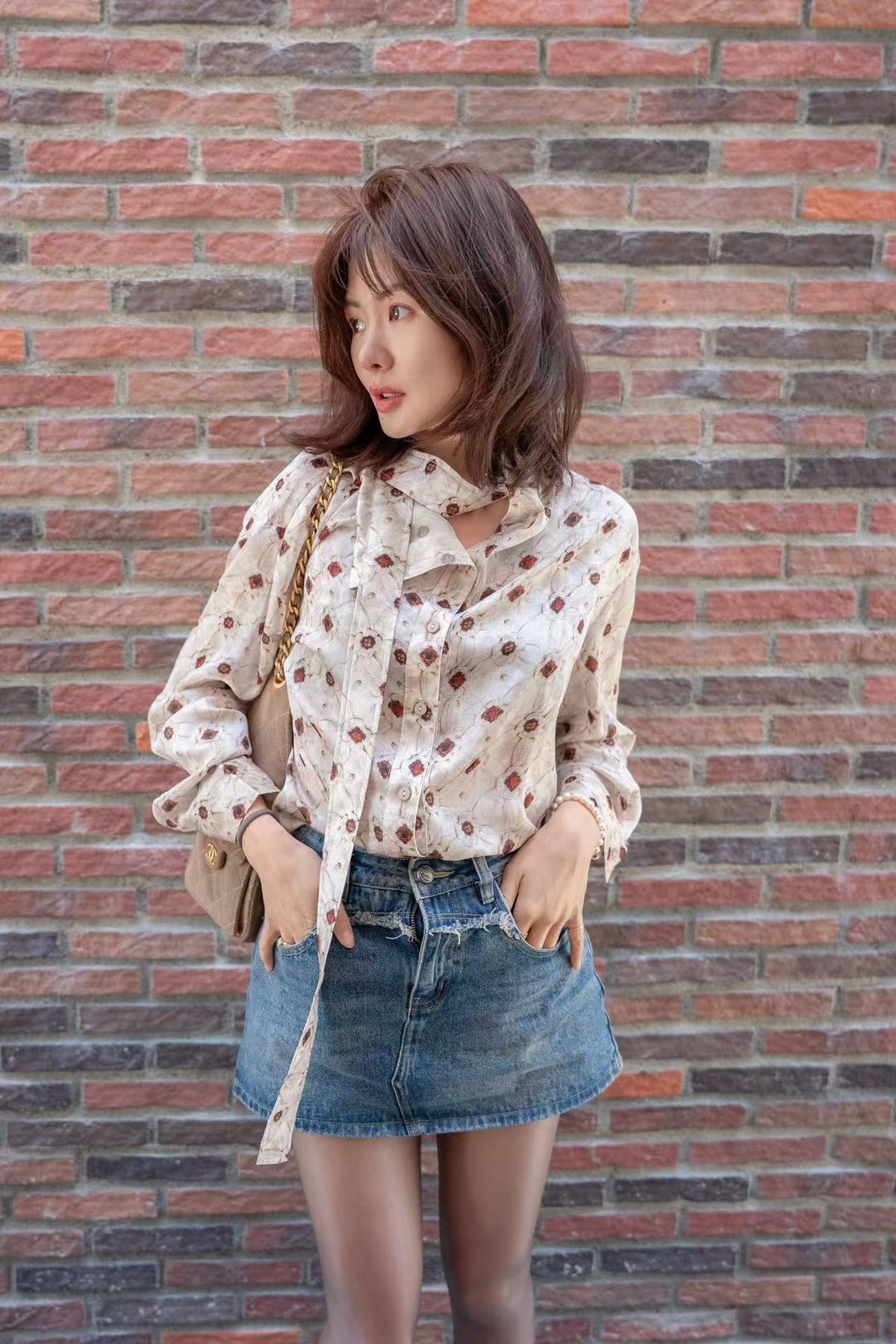 【Riko's collection】设计感领口飘带 红宝石印花衬衫