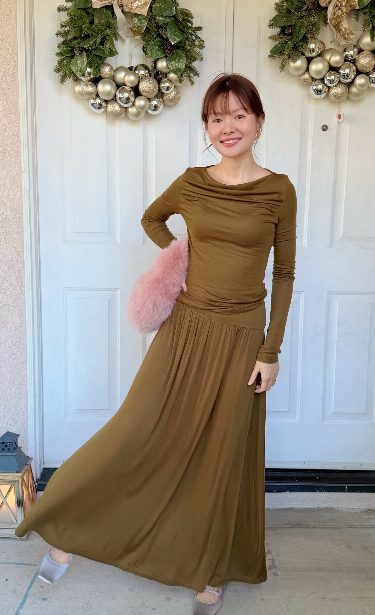 【Riko's collection】High-Stretch Tencel Wool Boat Neck Knit Top & Flowy Skirt Two-Piece Set|高弹力天丝羊毛垂感半身裙针织一字领T恤衫套装