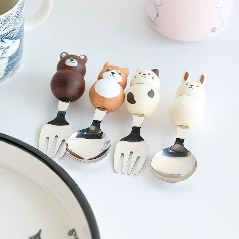 日本Plumpy动物造型不锈钢叉子勺子套装 天然木质手柄 日式餐具 多种动物造型可选
