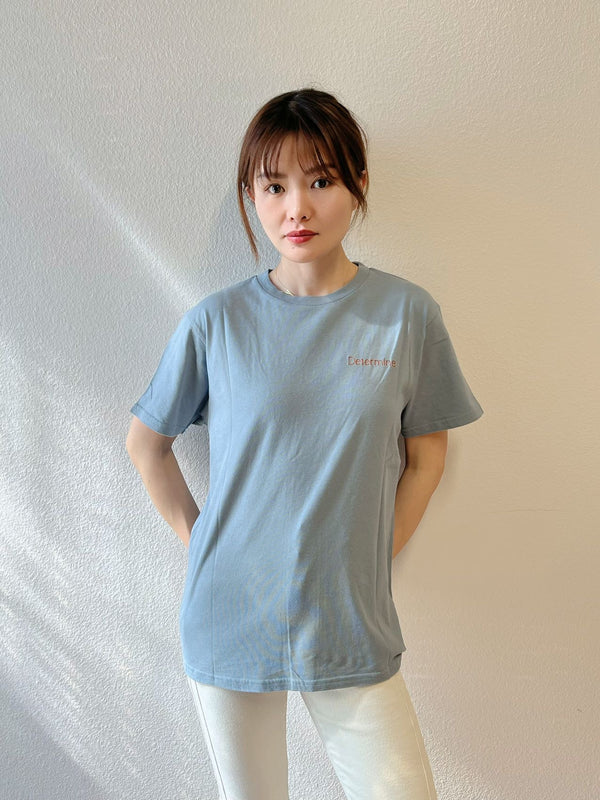 日系雾霾蓝字母刺绣短袖T恤上衣 均码（🍐身高166/100斤）