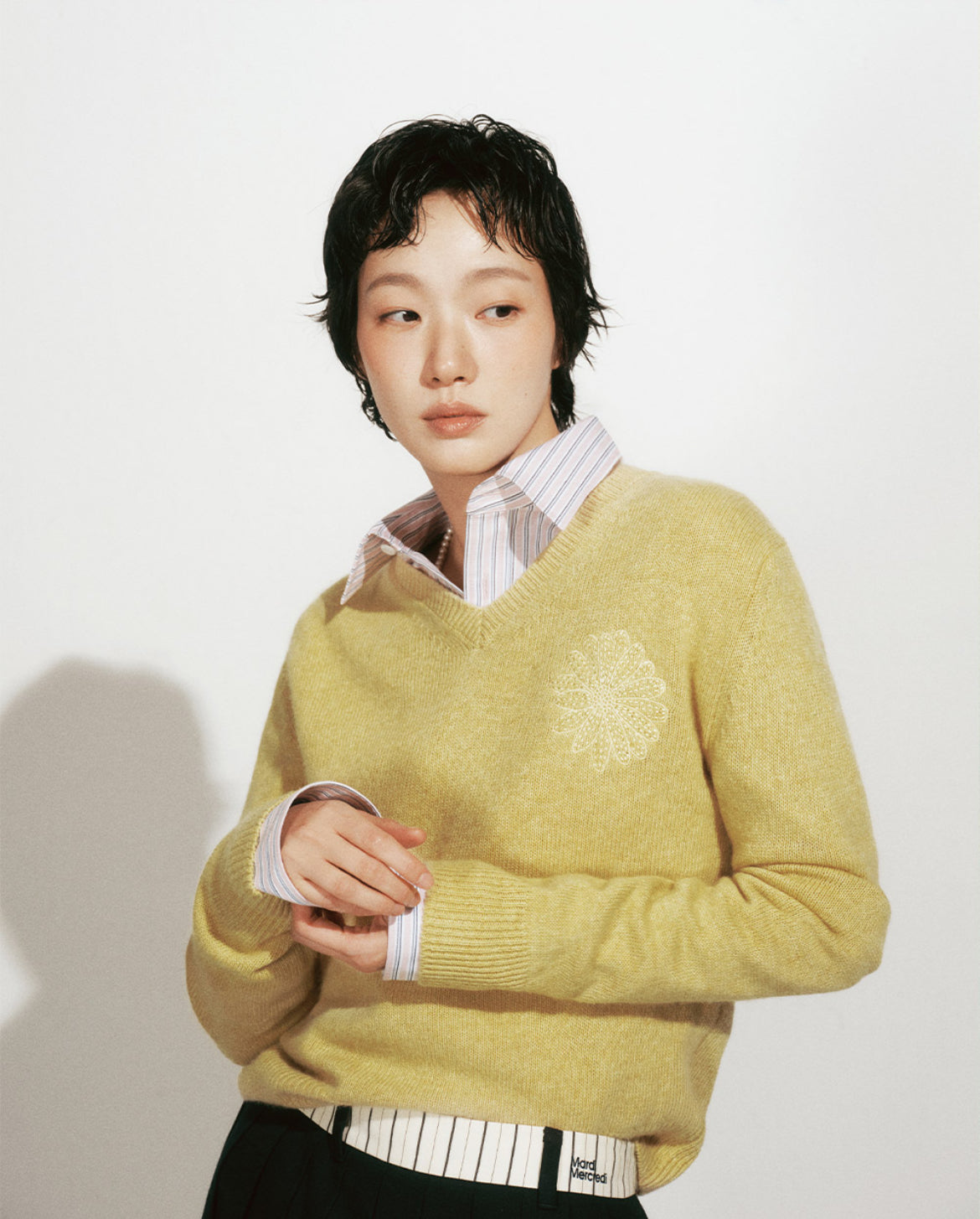 韩国 Mardi Mercredi 小雏菊V领毛衣 黄色小黄雏菊 雏菊 均码