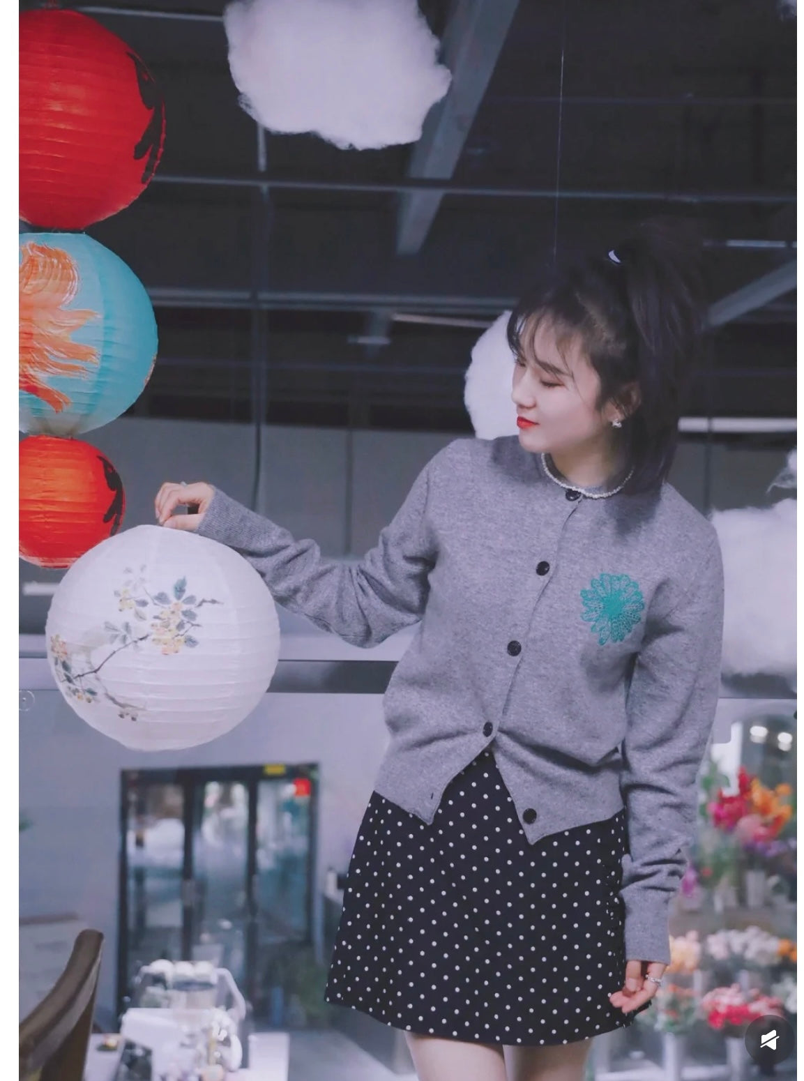 韩国 Mardi Mercredi 小雏菊 开衫 羊毛衫 灰色绿花