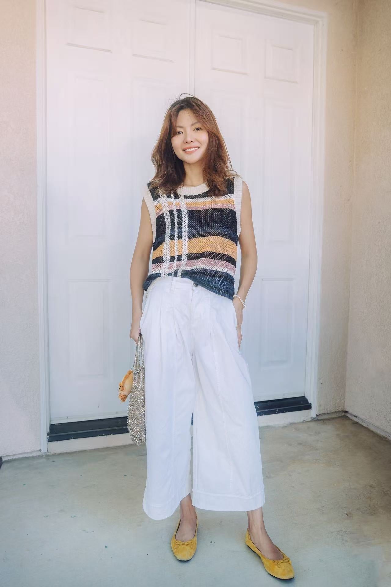 【Riko's collection】条纹圆领镂空设计针织背心(梨子穿S)