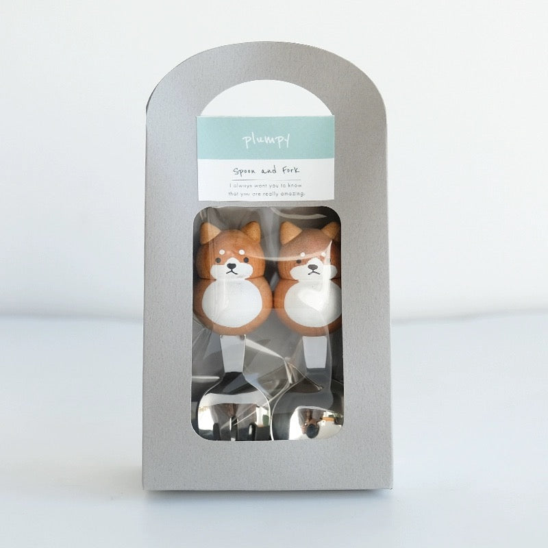 日本Plumpy动物造型不锈钢叉子勺子套装 天然木质手柄 日式餐具 多种动物造型可选