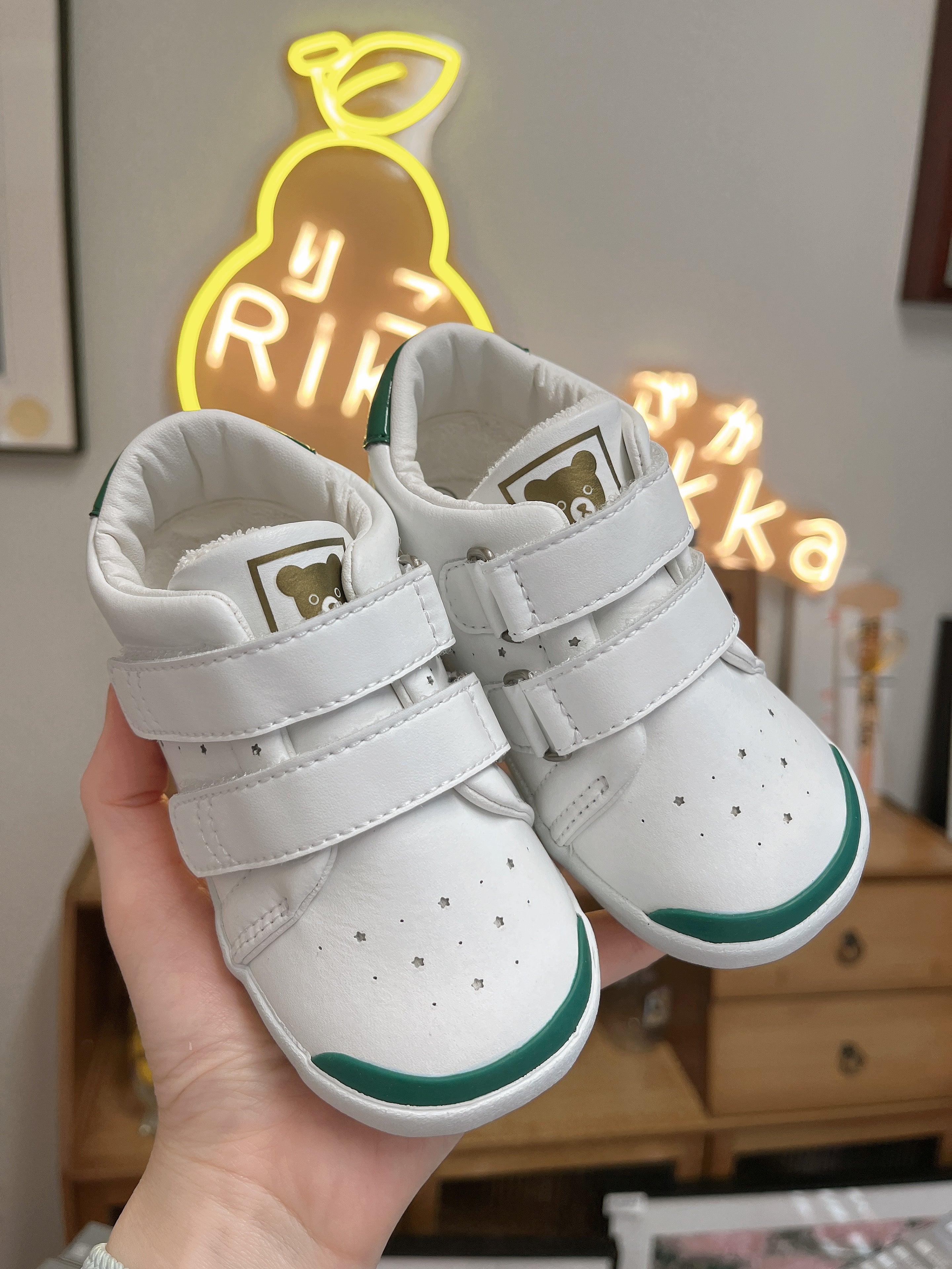 日本MIKIHOUSE 白色绿边小熊学步鞋 二段 14cm(默认无盒,有需要联系客服)