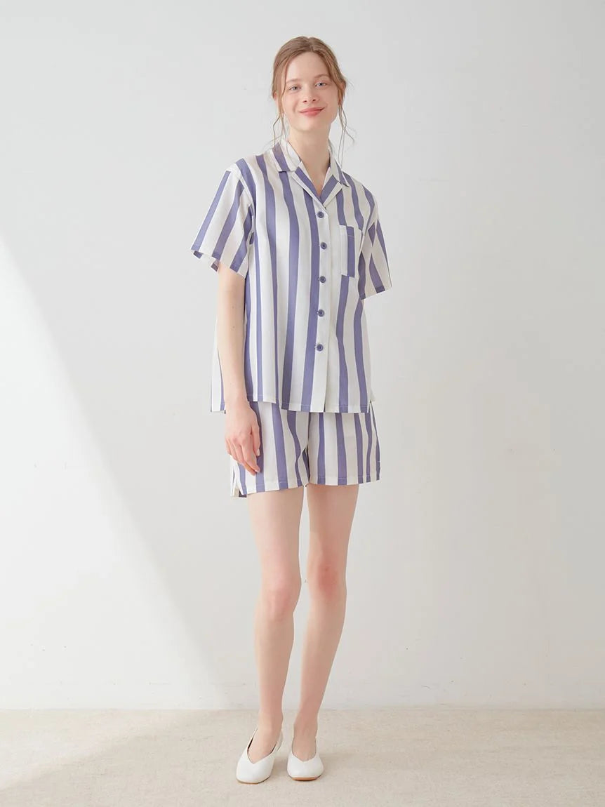 Gelato Pique 春夏新品 纯棉女士条纹简约睡衣家居服套装 蓝色条纹套装 均码