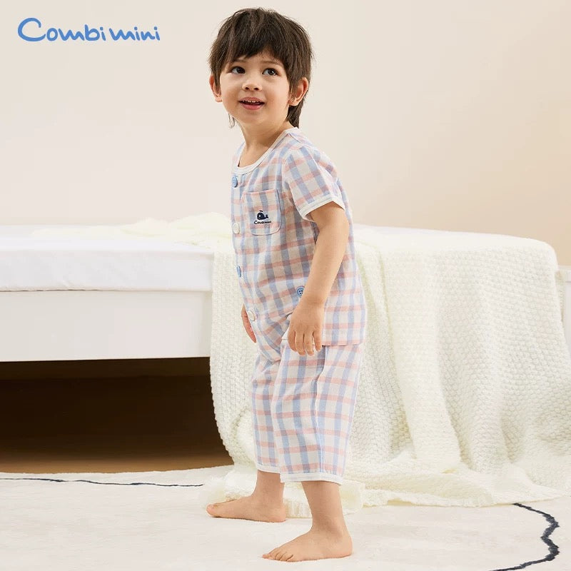 日本 combimini 新款超柔纱布棉 格子小鲸鱼家居服套装