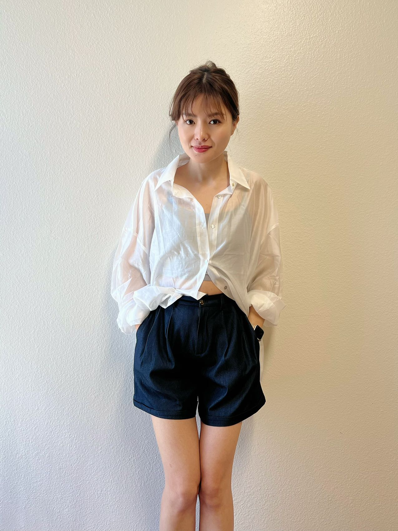 【Riko's collection】轻薄卷边通勤阔腿短裤 牛仔蓝色