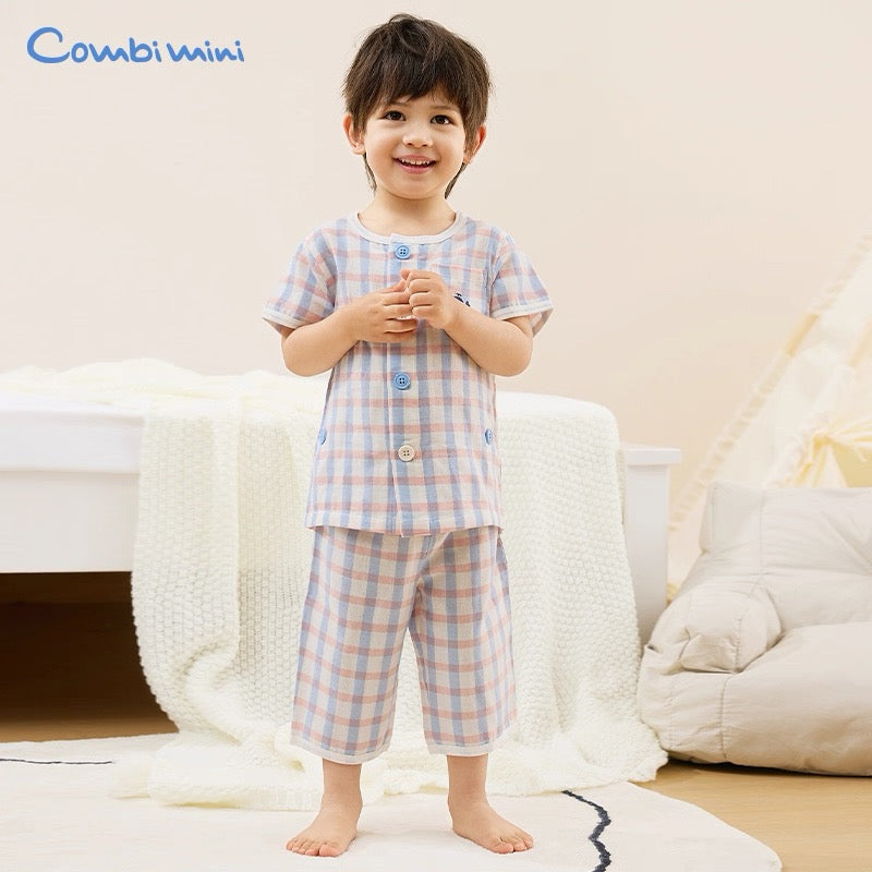 日本 combimini 新款超柔纱布棉 格子小鲸鱼家居服套装