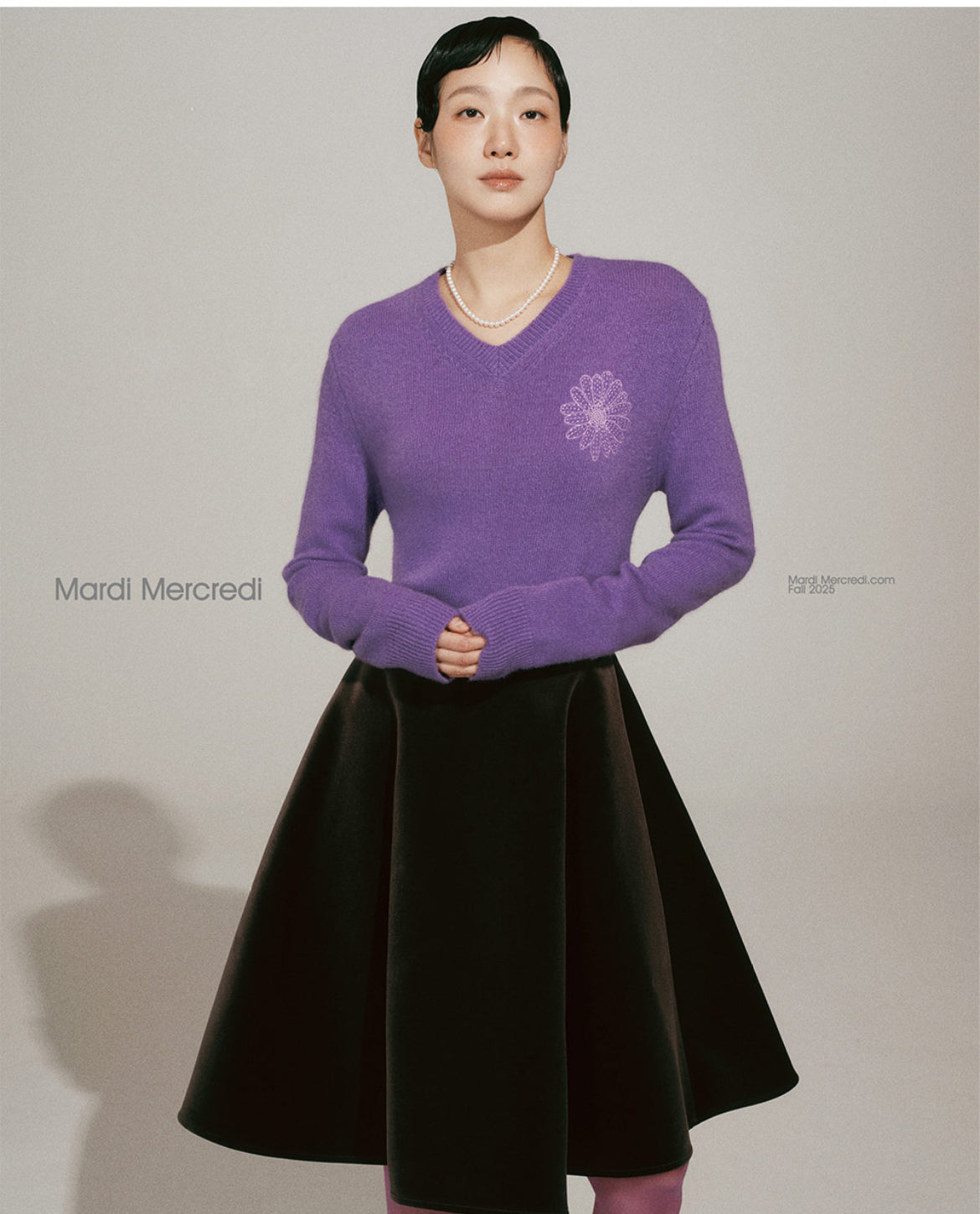 韩国 Mardi Mercredi 小雏菊V领毛衣 紫色小紫雏菊 均码