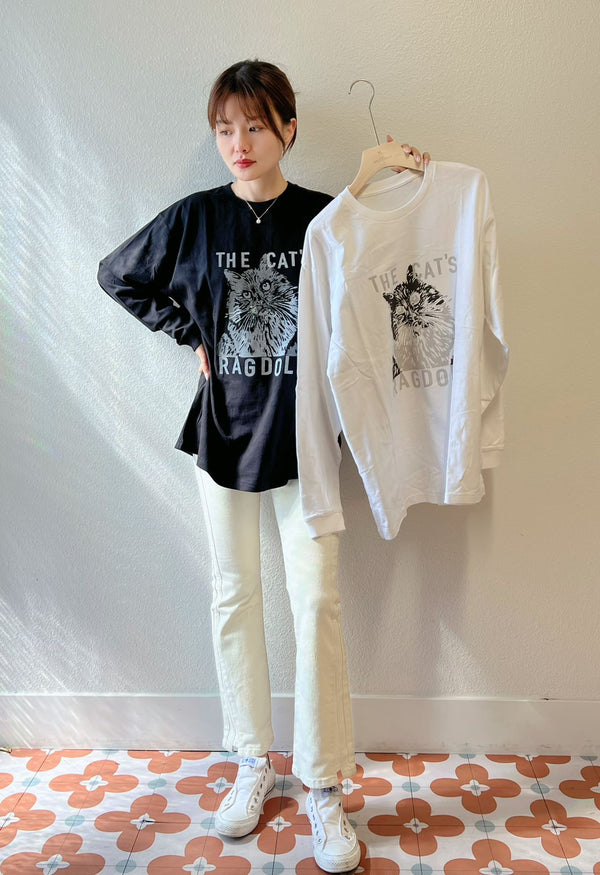 日系猫咪图案长袖T恤上衣 均码 黑白两色可选（模特身高166/100斤）