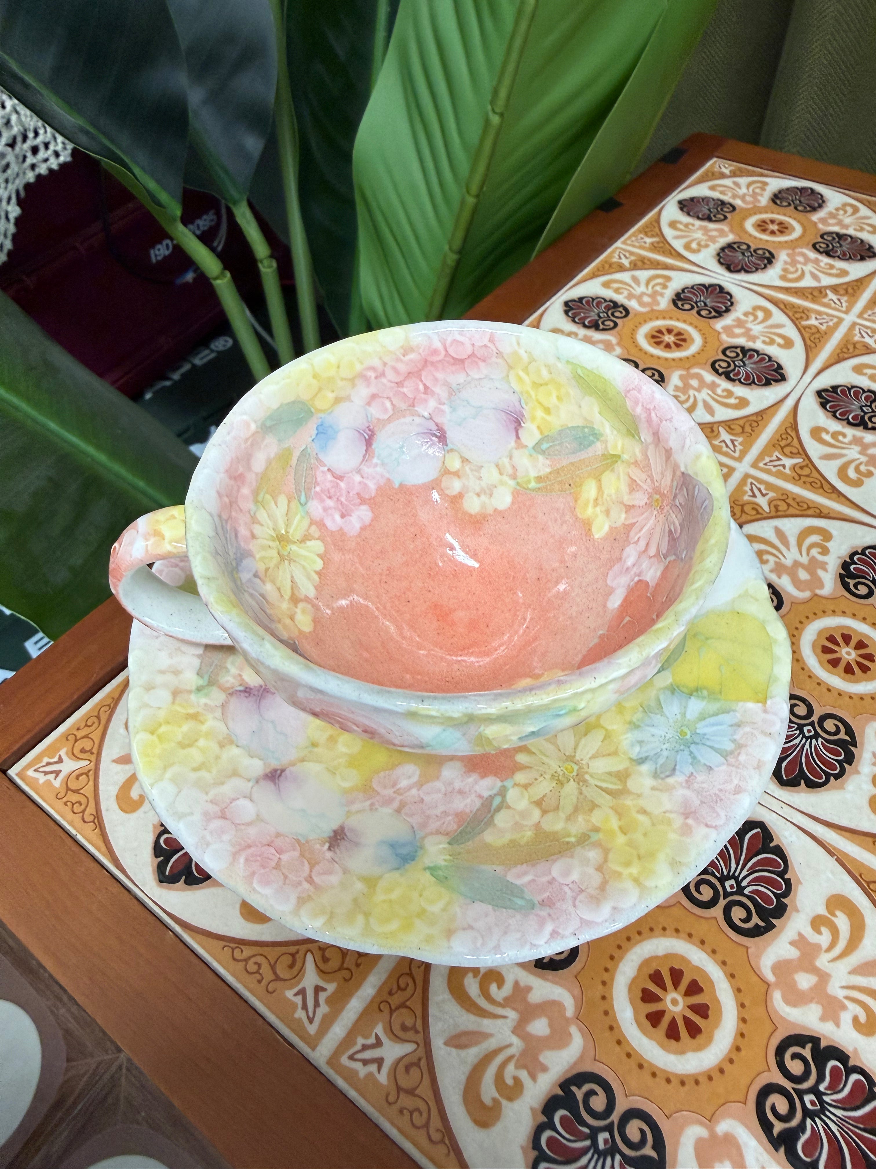 Seto-yaki Kobo Yuzuriha "Heian Miyabi Hana" Hand-painted Coffee Cup and Saucer 日本 濑户烧 工房风花“平安雅花”手作彩绘陶瓷咖啡杯碟套装 #47041