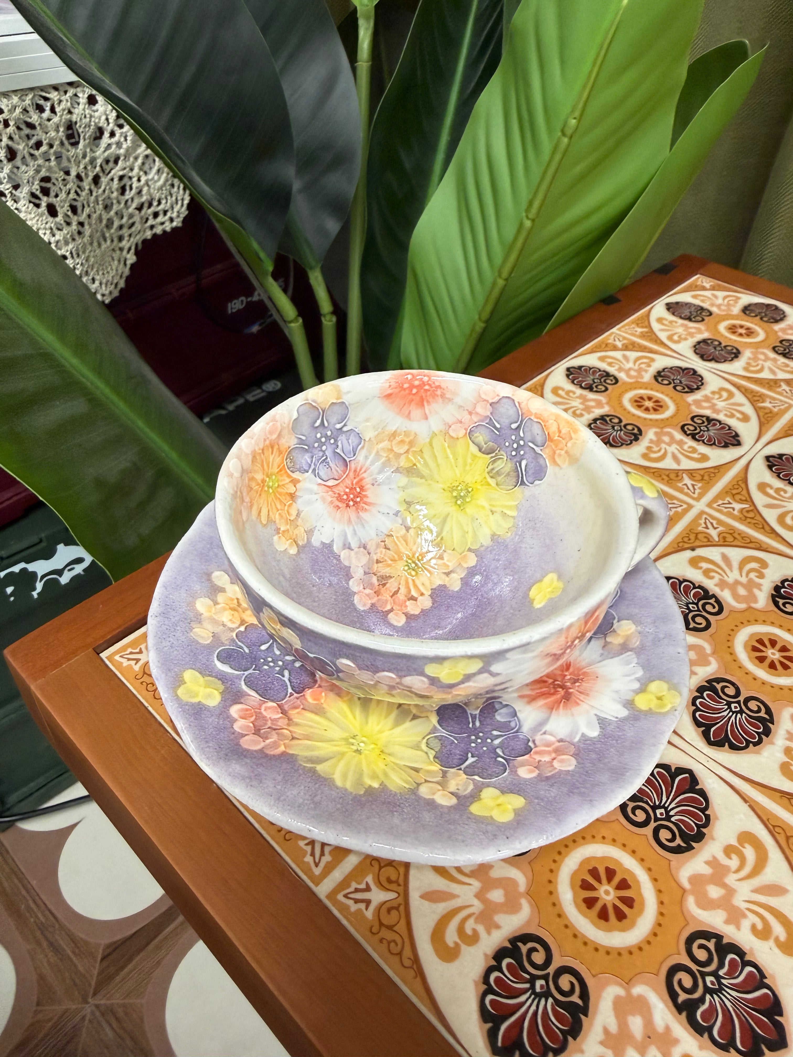 Seto-yaki Kobo Yuzuriha "Murasaki Hana Keshiki" Hand-painted Coffee Cup and Saucer 日本 濑户烧 工房风花“紫花景色”手作彩绘陶瓷咖啡杯碟套装 #50950