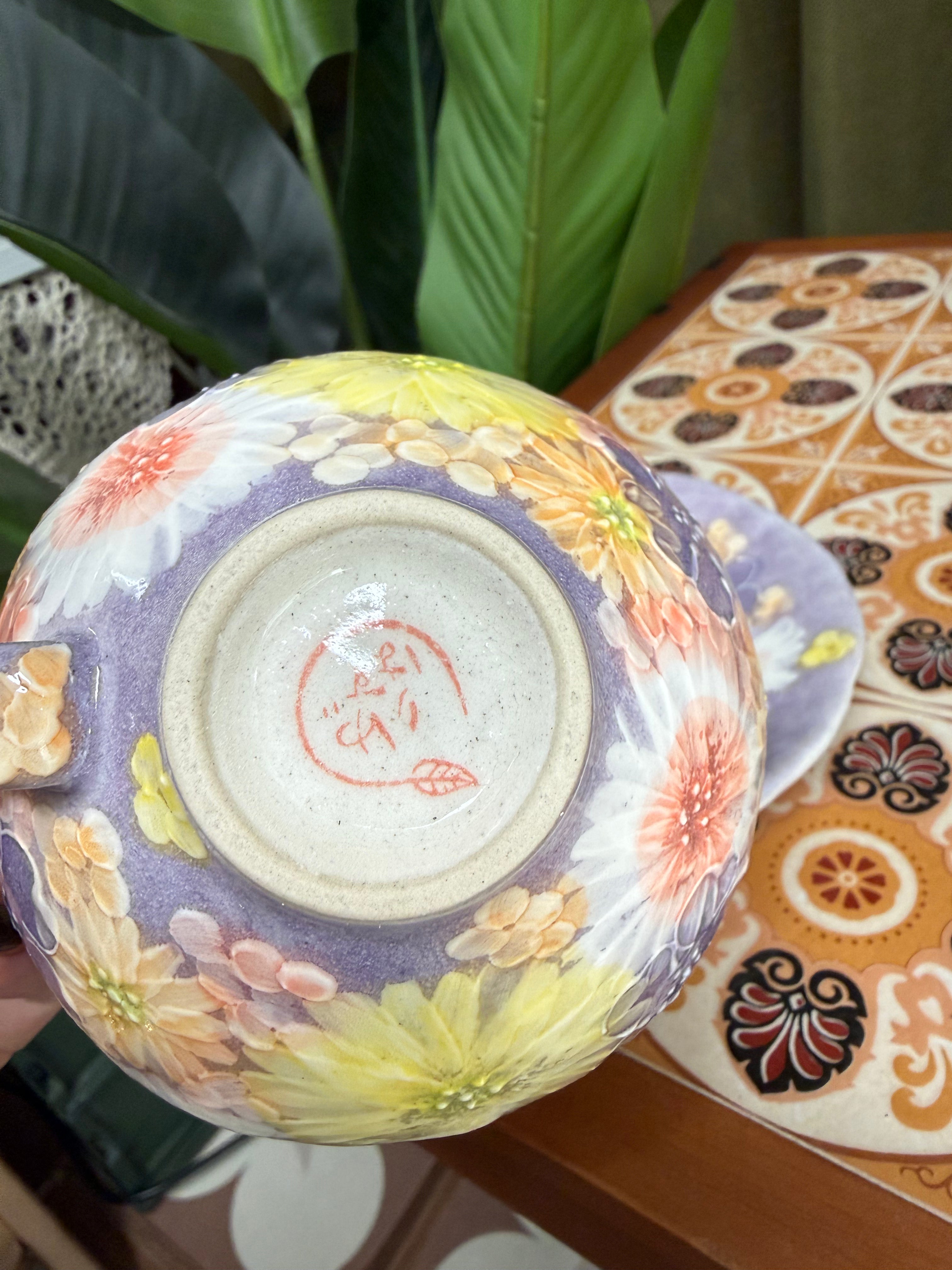 Seto-yaki Kobo Yuzuriha "Murasaki Hana Keshiki" Hand-painted Coffee Cup and Saucer 日本 濑户烧 工房风花“紫花景色”手作彩绘陶瓷咖啡杯碟套装 #50950