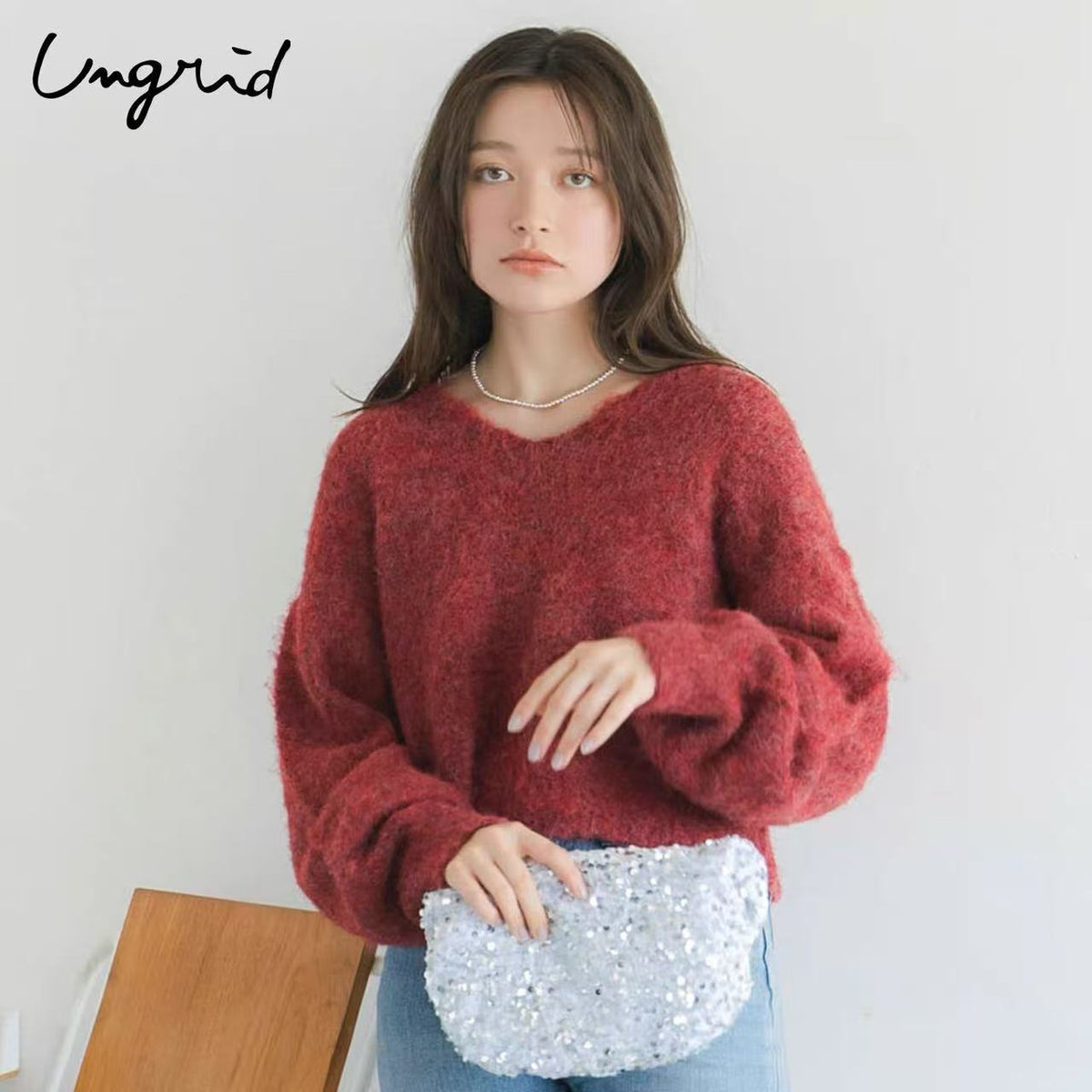 日本ungrid 秋冬新品 露背叠穿针织衫 均码 白色/红黑花色