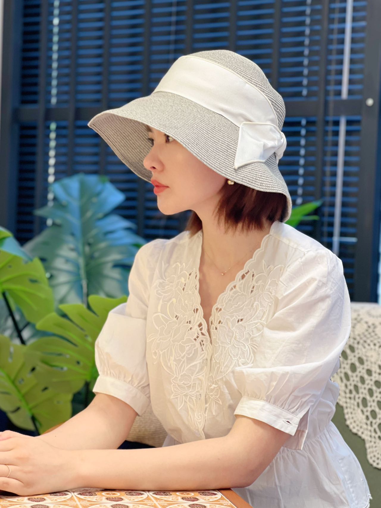 日本Override 防晒渔夫帽 可折叠 蝴蝶结遮阳帽 灰色配银色丝带 头围均可调节