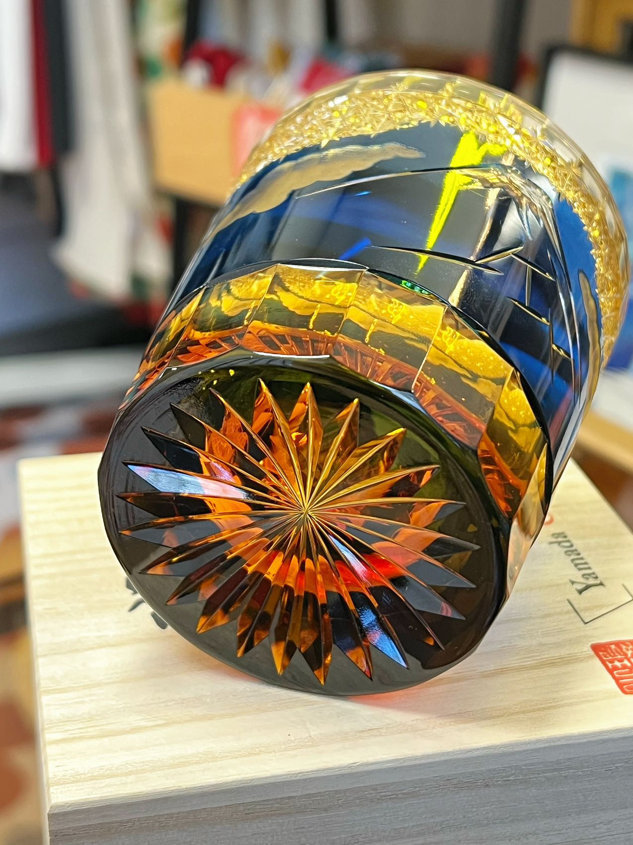 日本Yamada山田硝子 江户切子  山下白雨系列 威士忌杯 琥珀藍 YG0003 约260ml