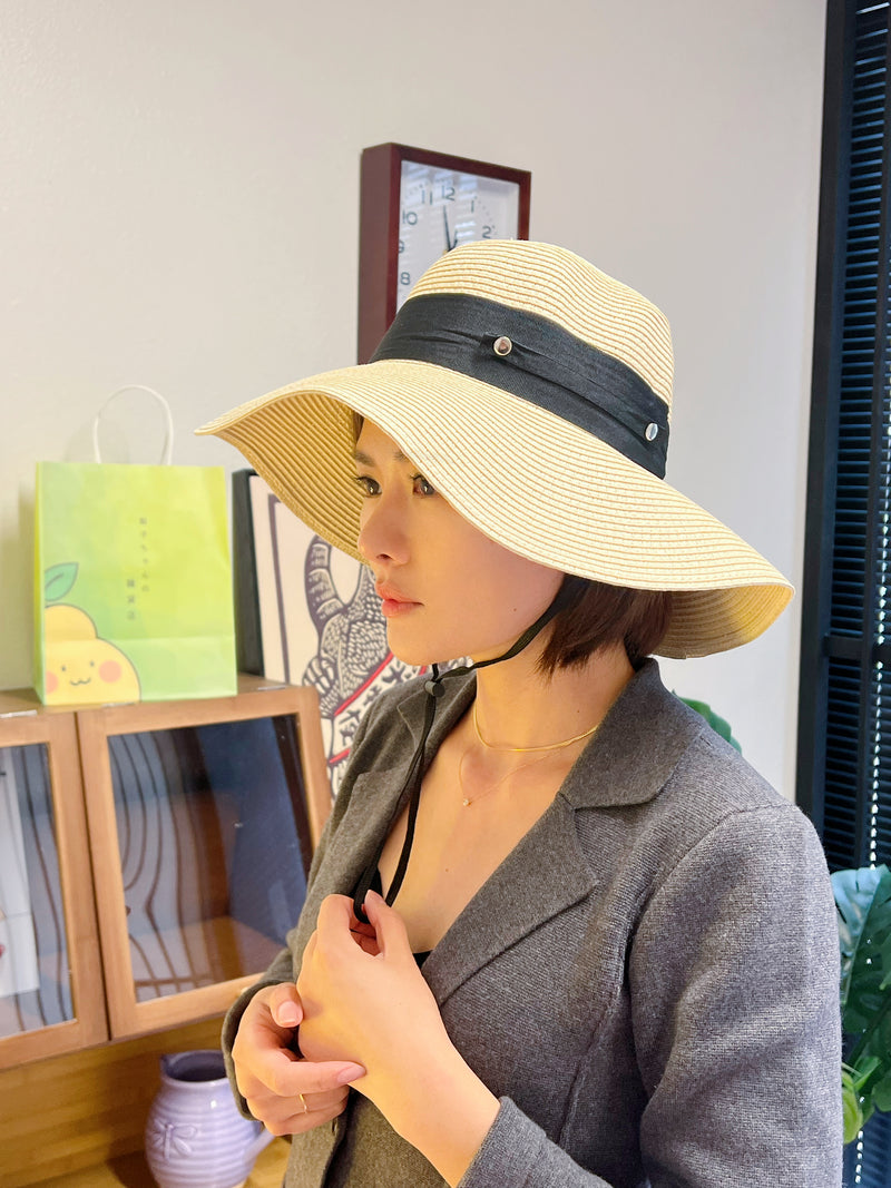 日本可折叠防晒帽 可随身携带 编织防晒帽 带防风绳子