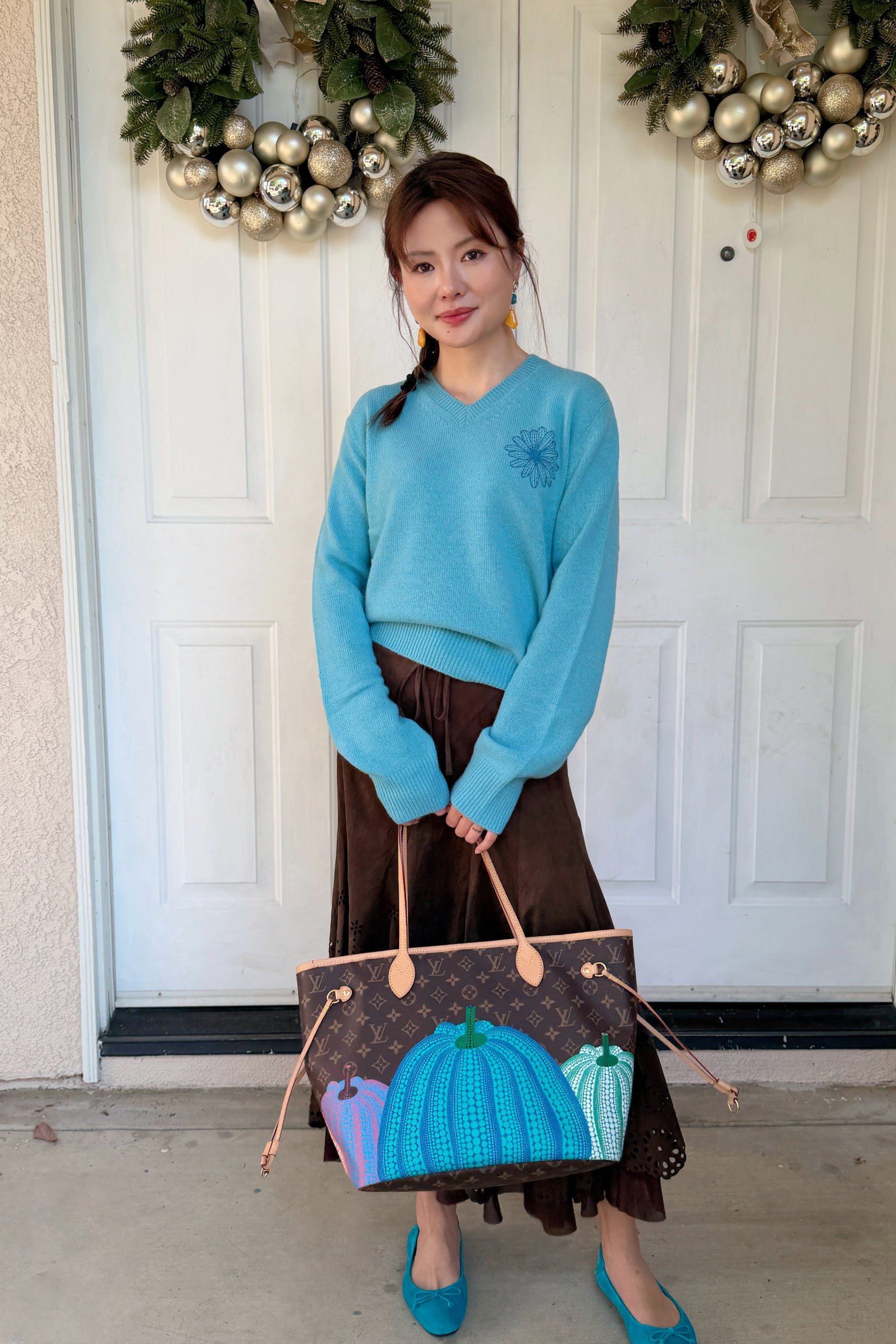 韩国 Mardi Mercredi 小雏菊V领毛衣 蓝色小蓝雏菊 均码