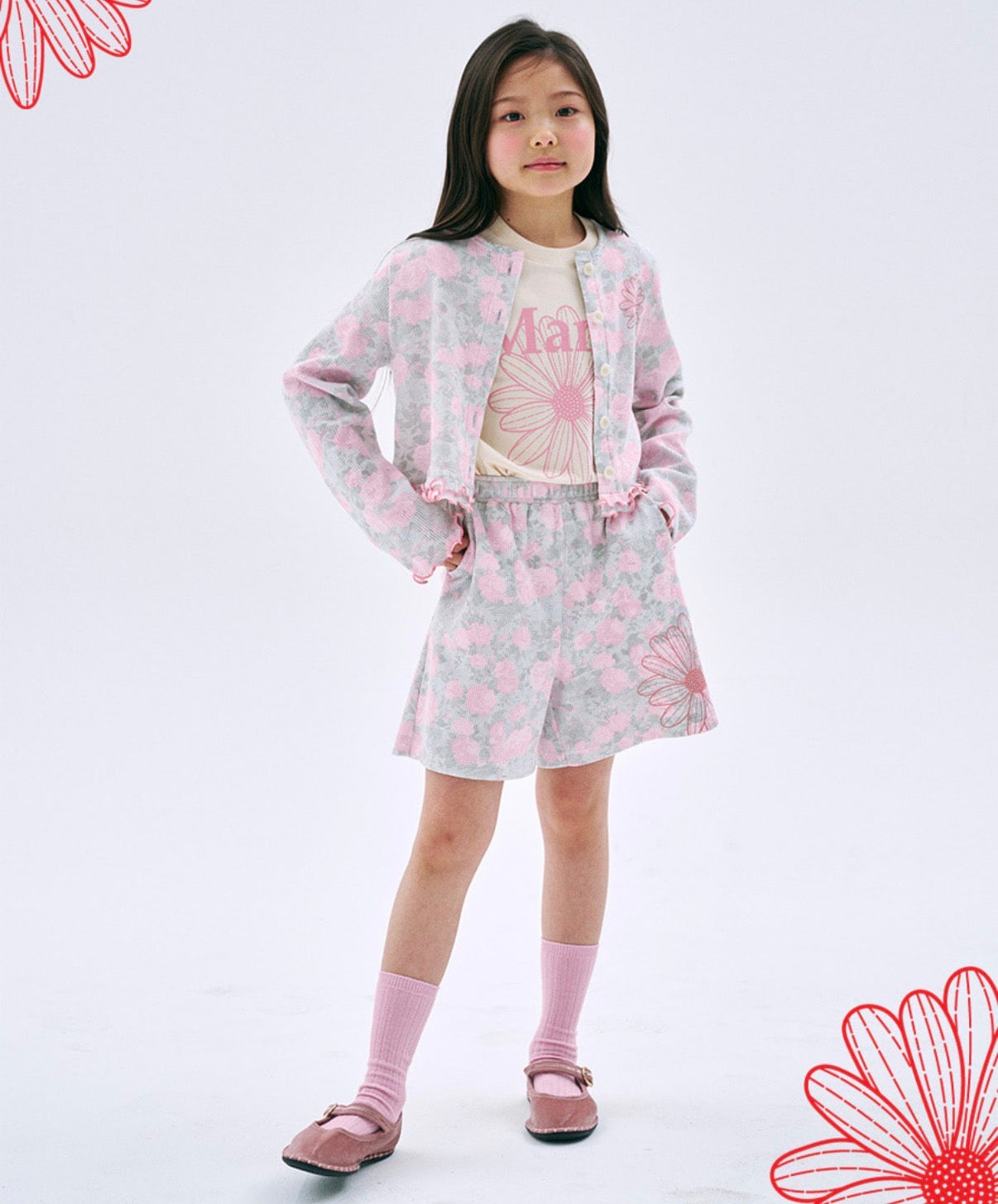 Mardi Mercredi Kids Tshirt FlowerMardi Butter Indipink 韩国 儿童纯棉T恤 雏菊印花T恤 奶油黄豆沙粉
