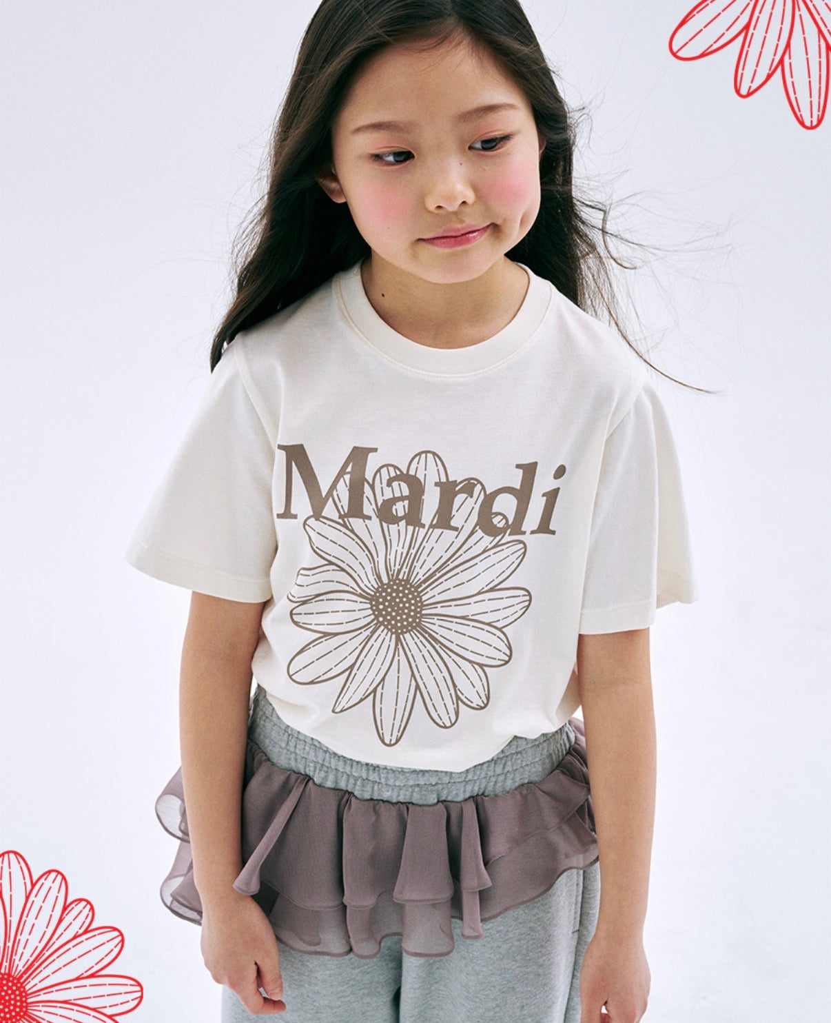Mardi Mercredi Kids Tshirt FlowerMardi Cream Taupe 韩国 儿童纯棉T恤 雏菊印花T恤 奶油咖