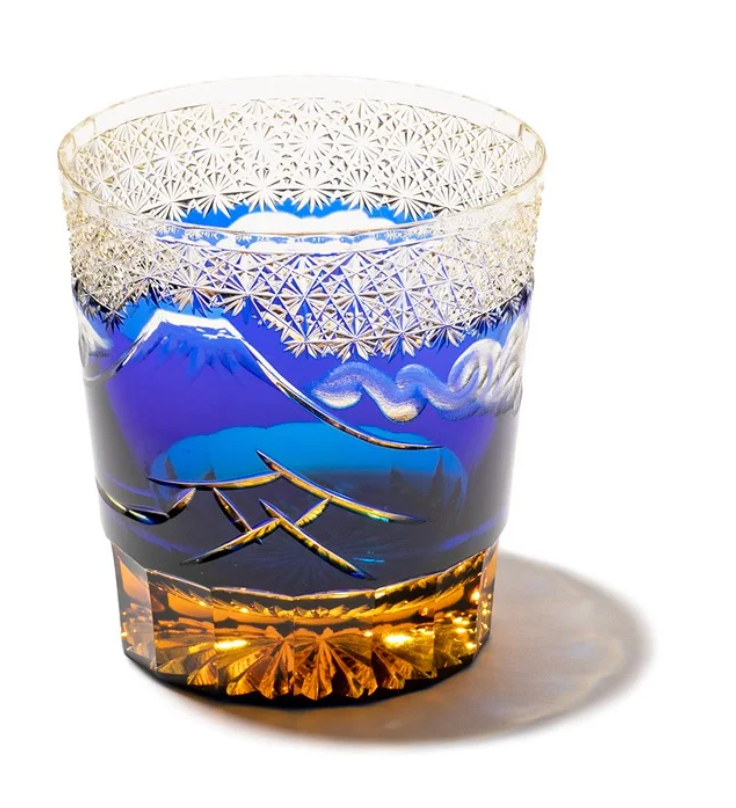 日本Yamada山田硝子 江户切子  山下白雨系列 威士忌杯 琥珀藍 YG0003 约260ml