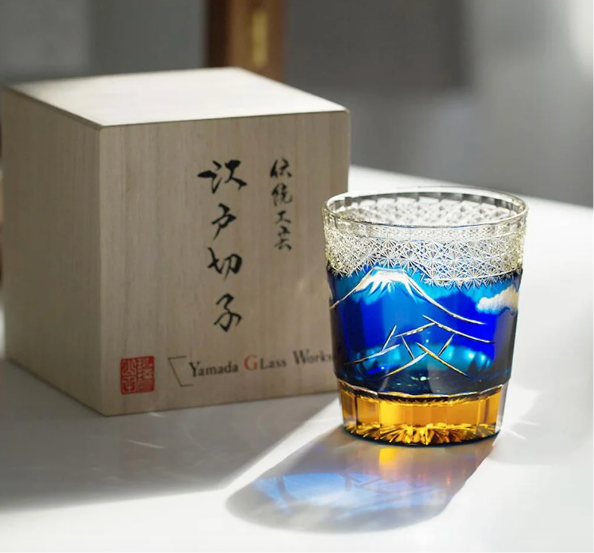 日本Yamada山田硝子 江户切子  山下白雨系列 威士忌杯 琥珀藍 YG0003 约260ml