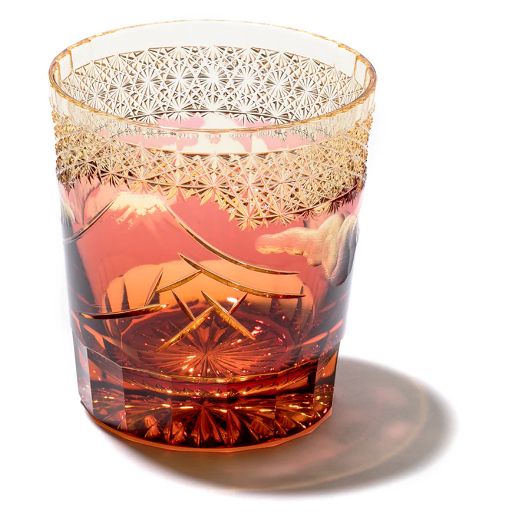 日本Yamada山田硝子 江户切子  山下白雨系列 威士忌杯 琥珀金赤色 约260ml