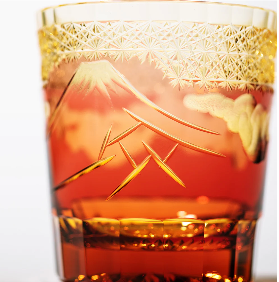 日本Yamada山田硝子 江户切子  山下白雨系列 威士忌杯 琥珀金赤色 约260ml