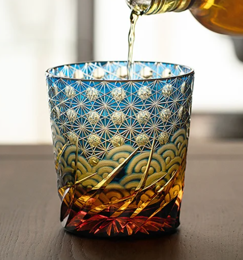 日本Yamada山田硝子 江户切子  漣系列 威士忌杯 琥珀藍 YG00017 约260ml