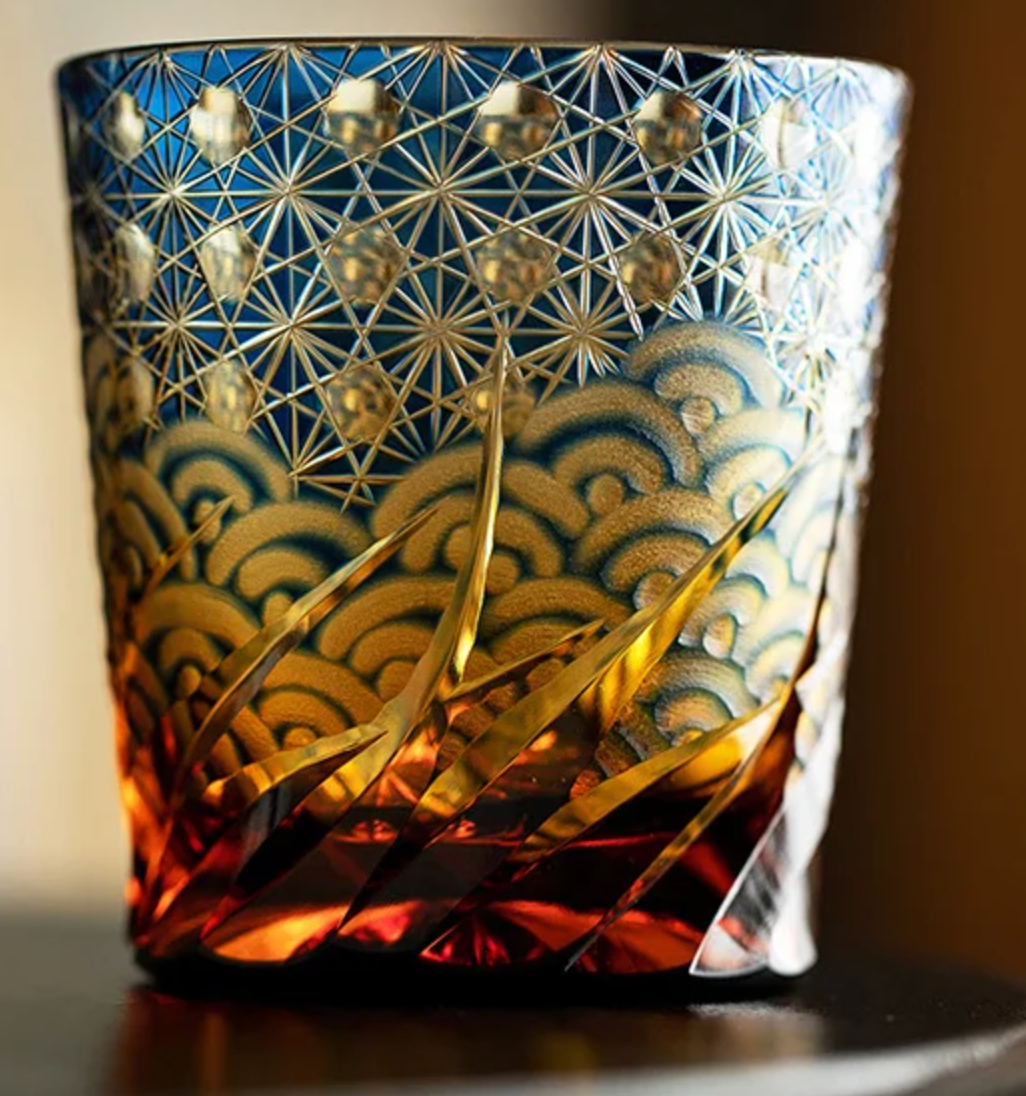 日本Yamada山田硝子 江户切子  漣系列 威士忌杯 琥珀藍 YG00017 约260ml