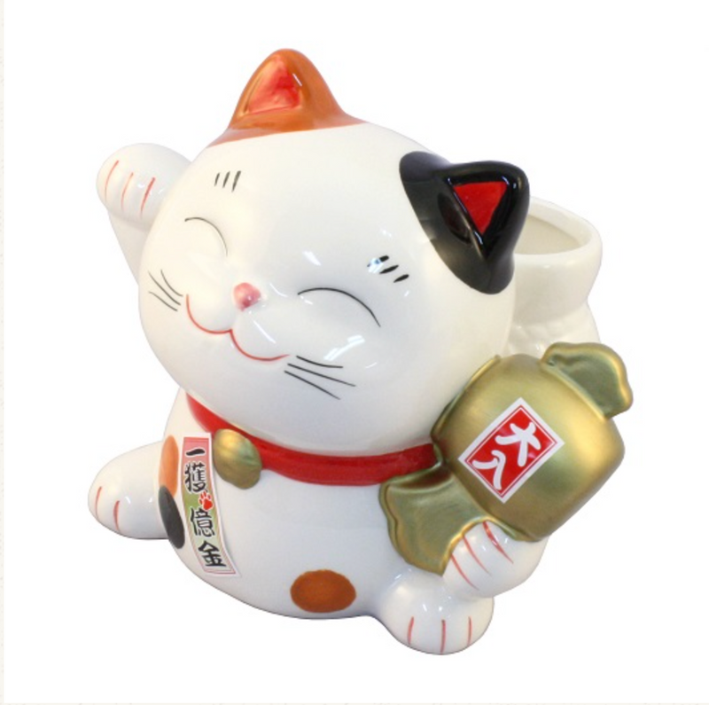 日本 薬師窯 貯金箱 幸せ招き猫 储钱罐 招财猫摆件 中号 H13×W14.5×D12cm  SN-040