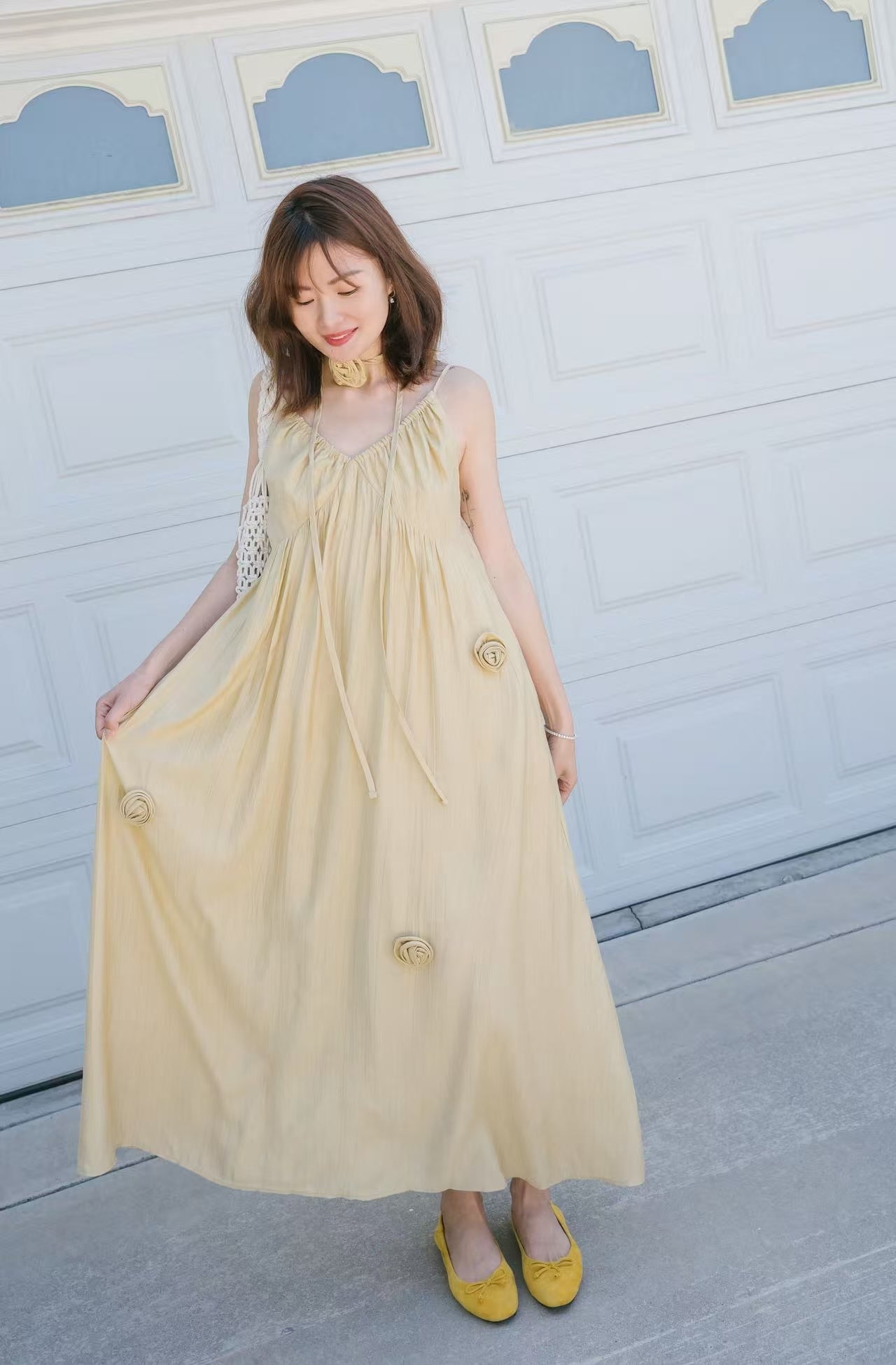 【Riko's collection】黄色花朵吊带连衣裙 度假风 肩带可调节