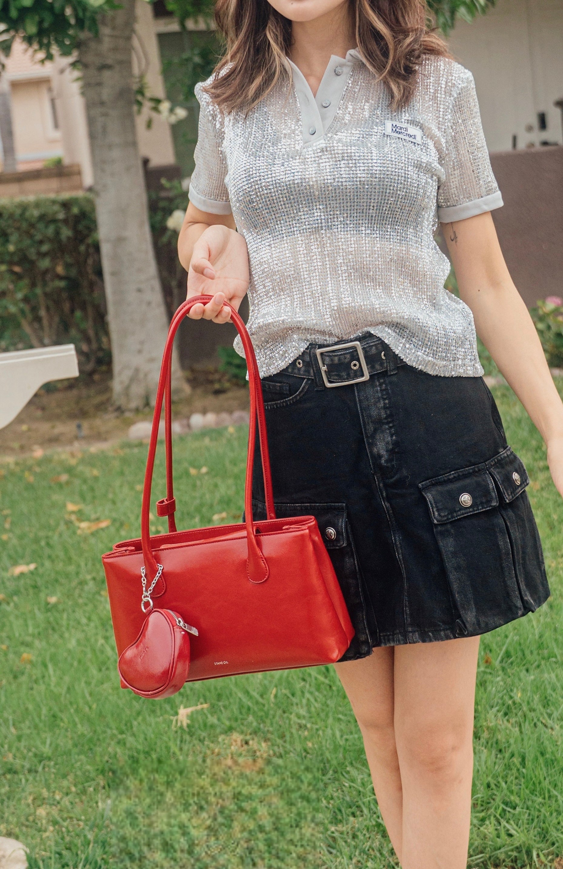 韩国 standoil包包允真同款红色爱心挂件low bag单肩腋下包