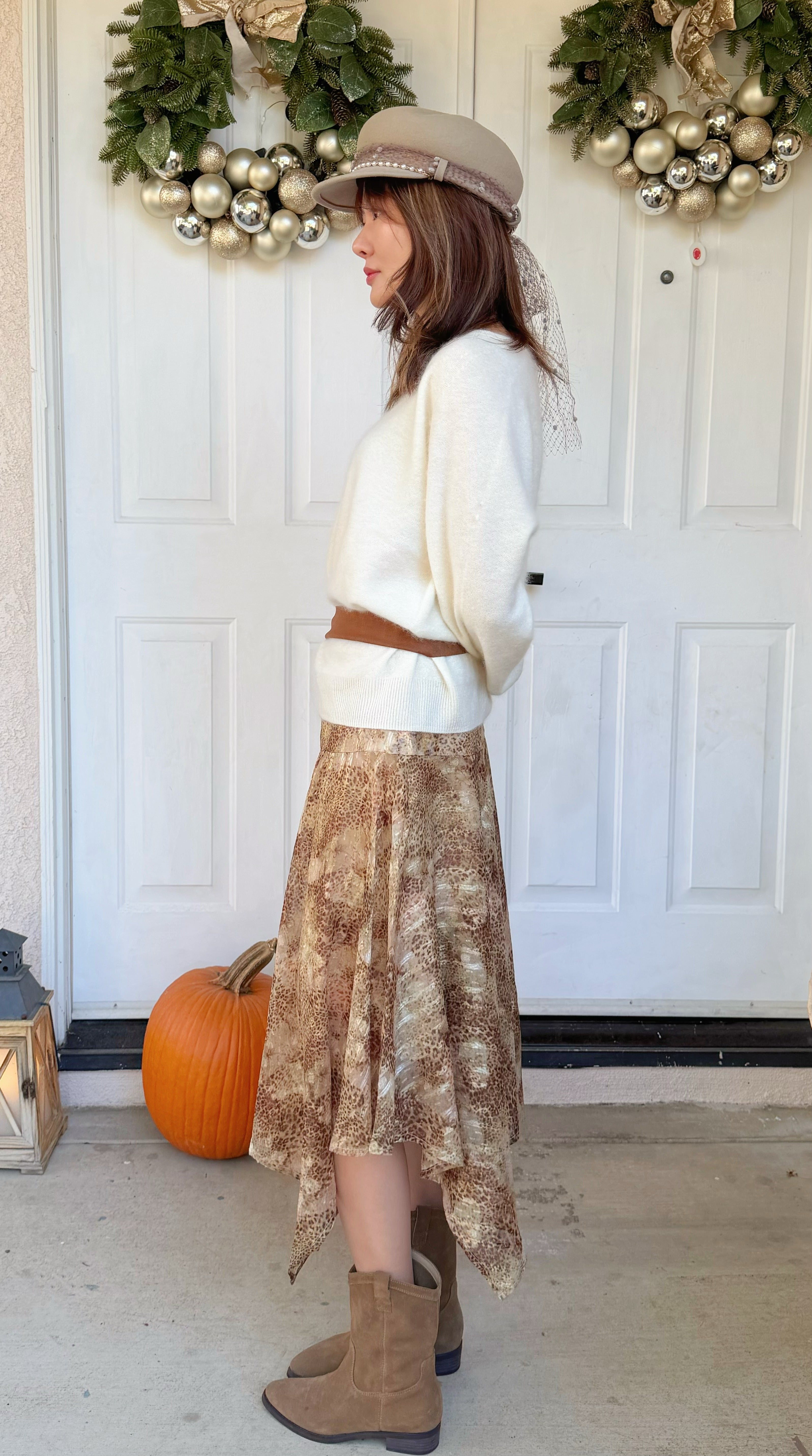 【Riko's collection】不规则裙摆宽腰带设计印花半身裙