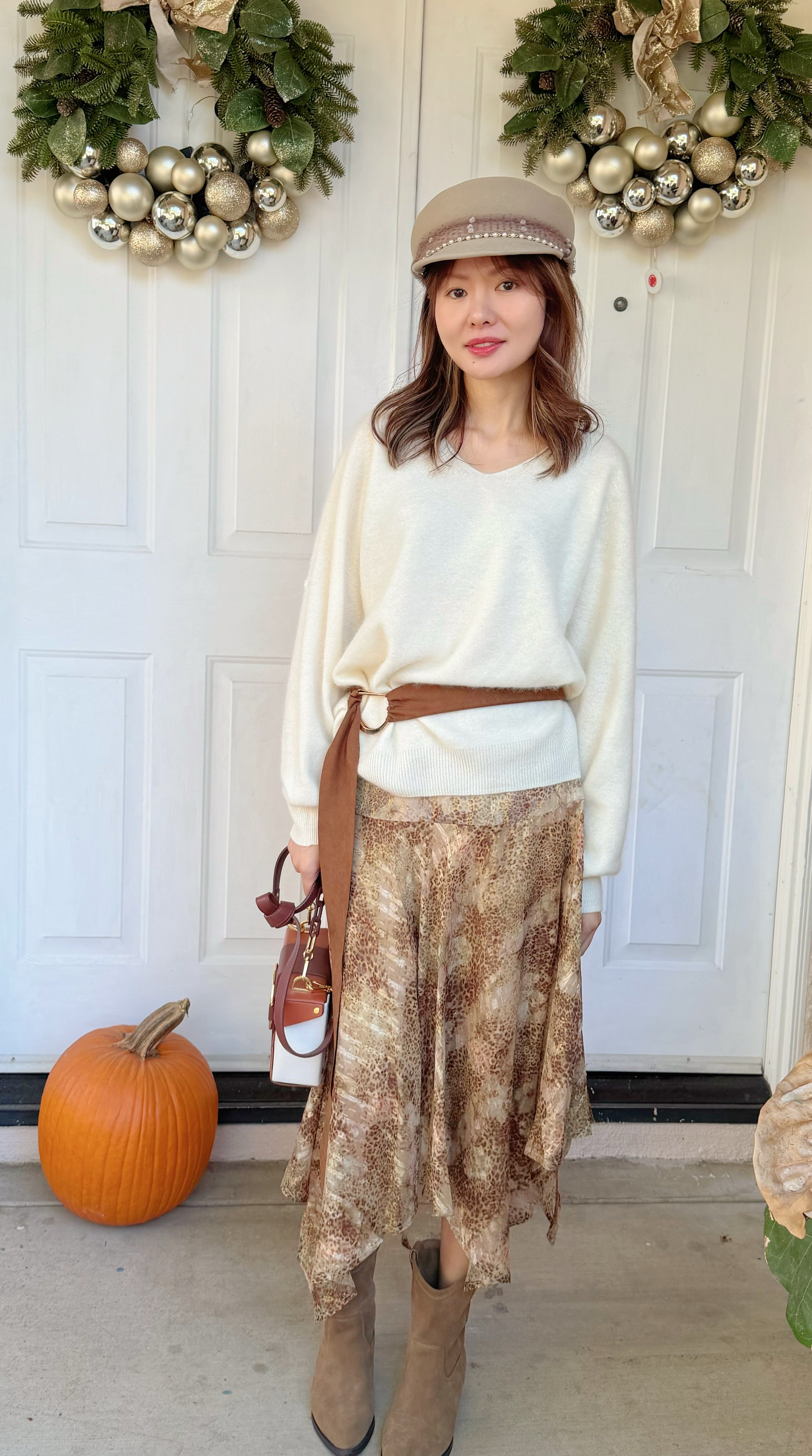 【Riko's collection】不规则裙摆宽腰带设计印花半身裙