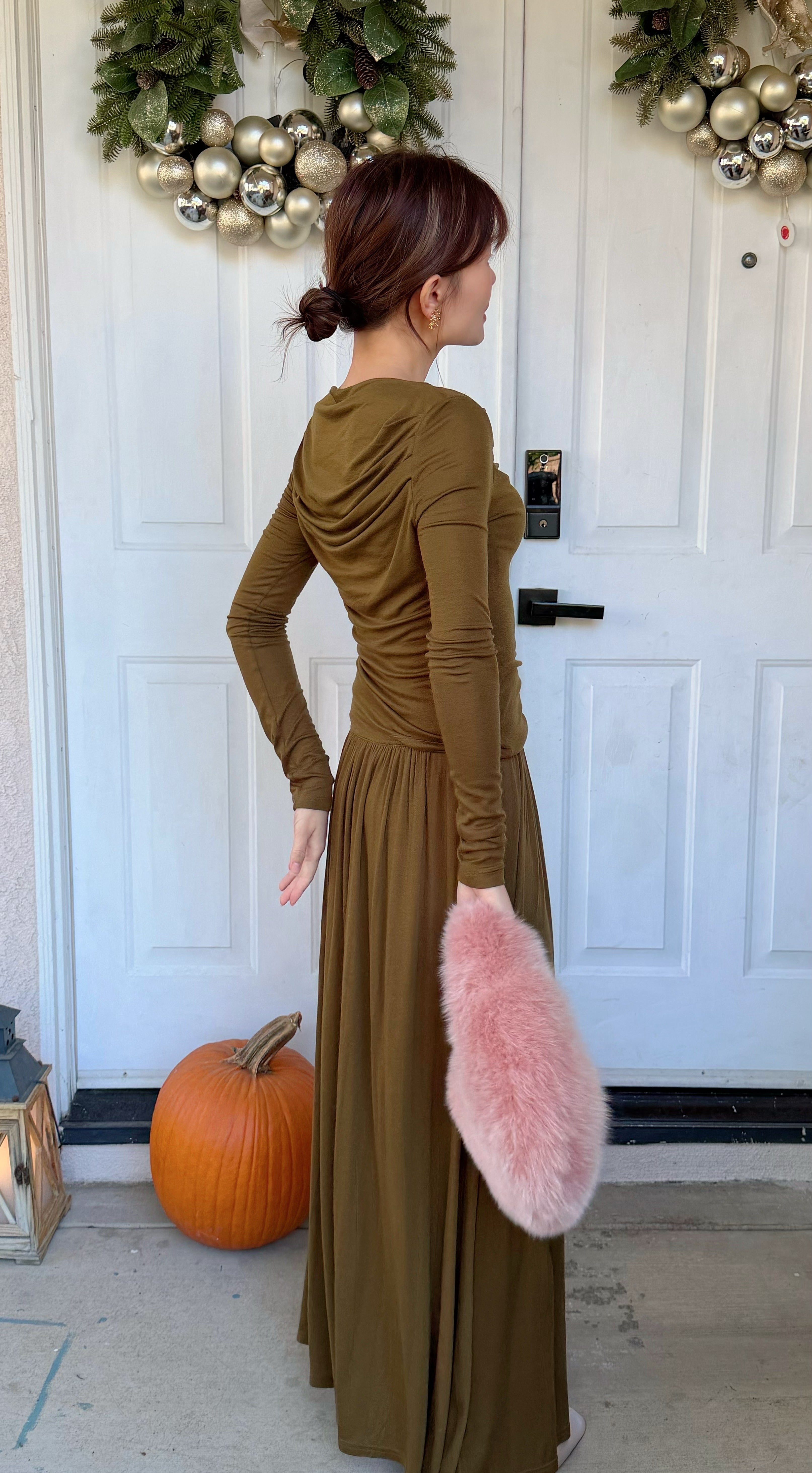 【Riko's collection】高弹力天丝羊毛垂感半身裙针织一字领T恤衫套装