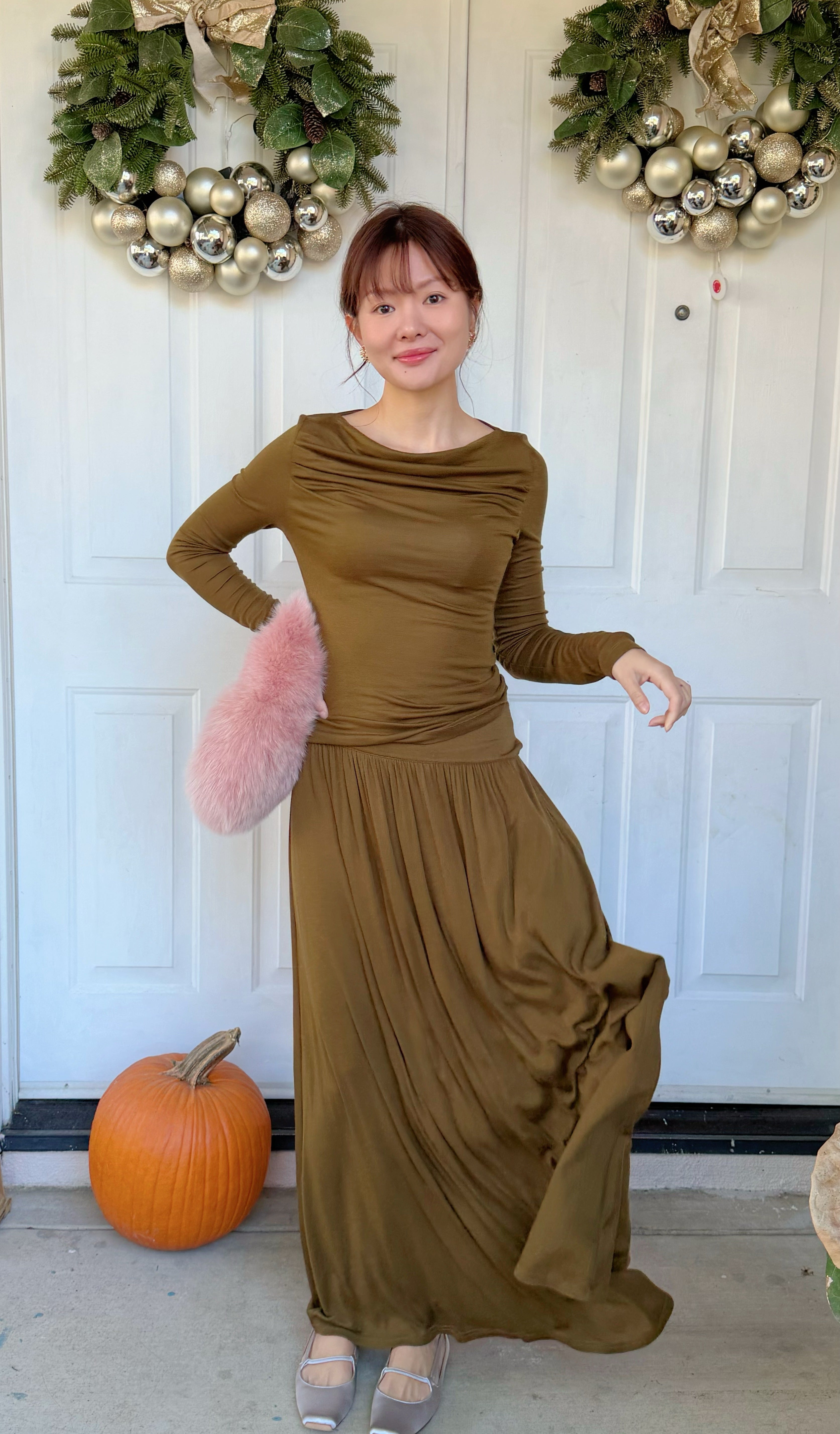 【Riko's collection】高弹力天丝羊毛垂感半身裙针织一字领T恤衫套装