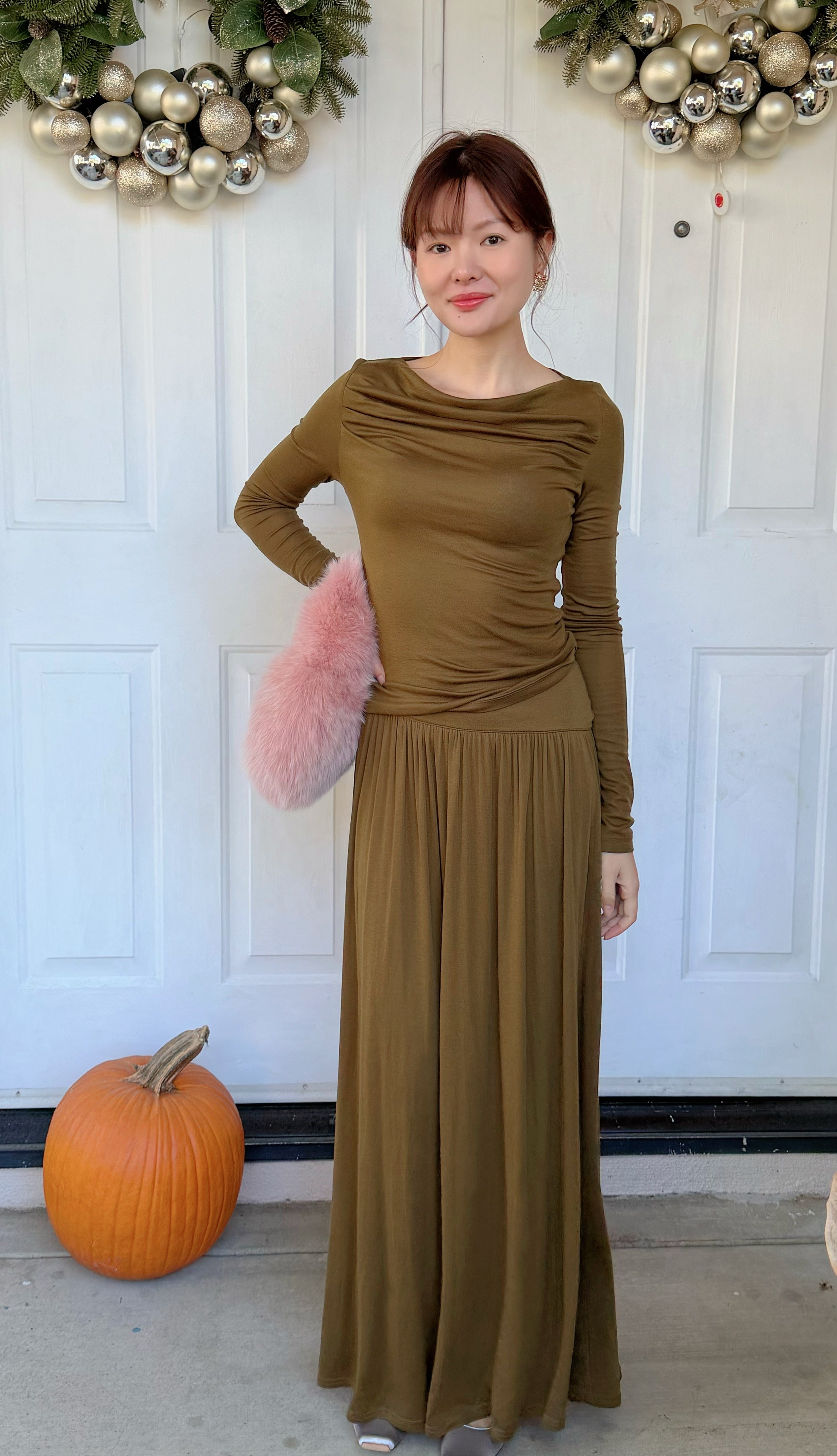 【Riko's collection】高弹力天丝羊毛垂感半身裙针织一字领T恤衫套装