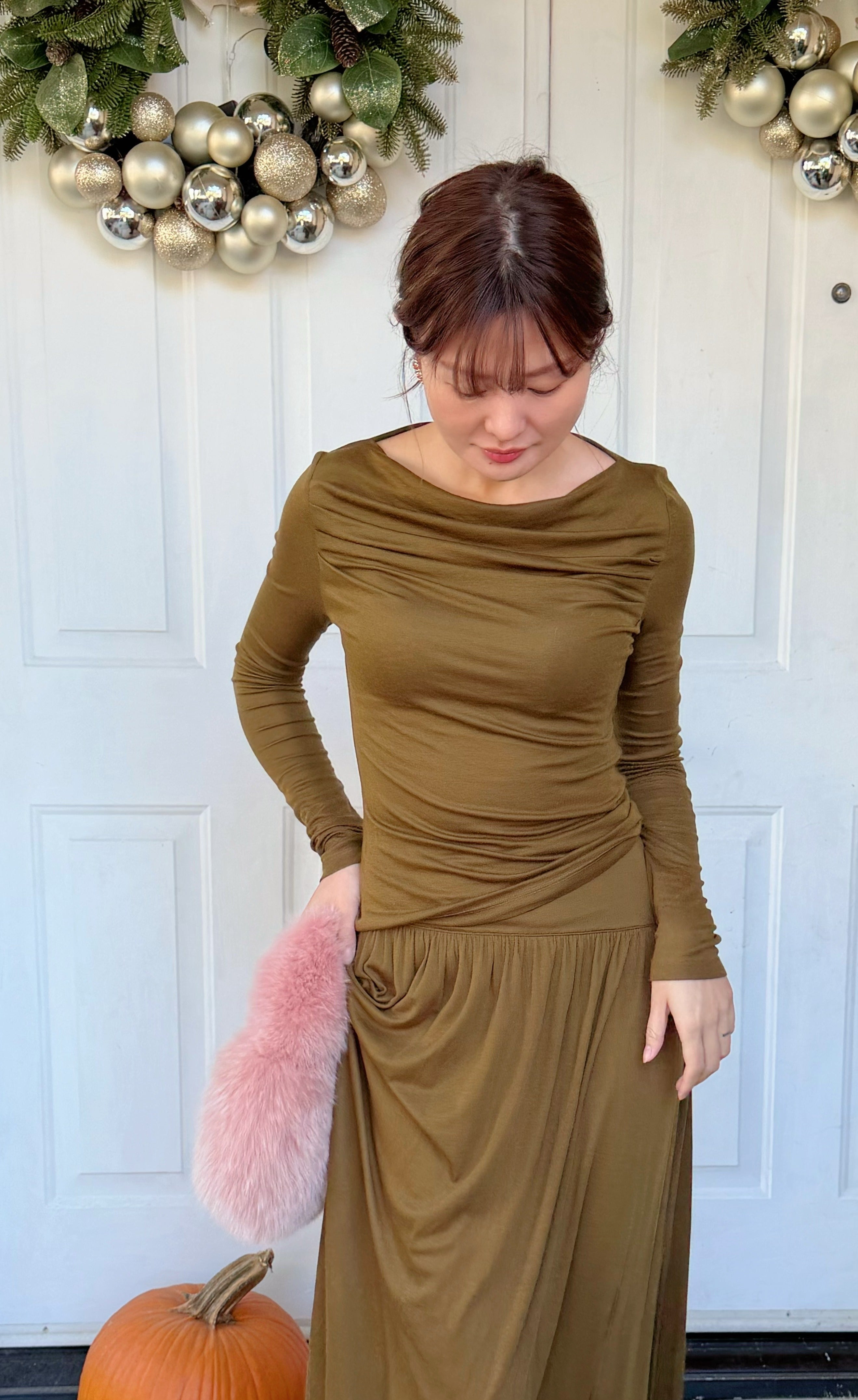 【Riko's collection】高弹力天丝羊毛垂感半身裙针织一字领T恤衫套装