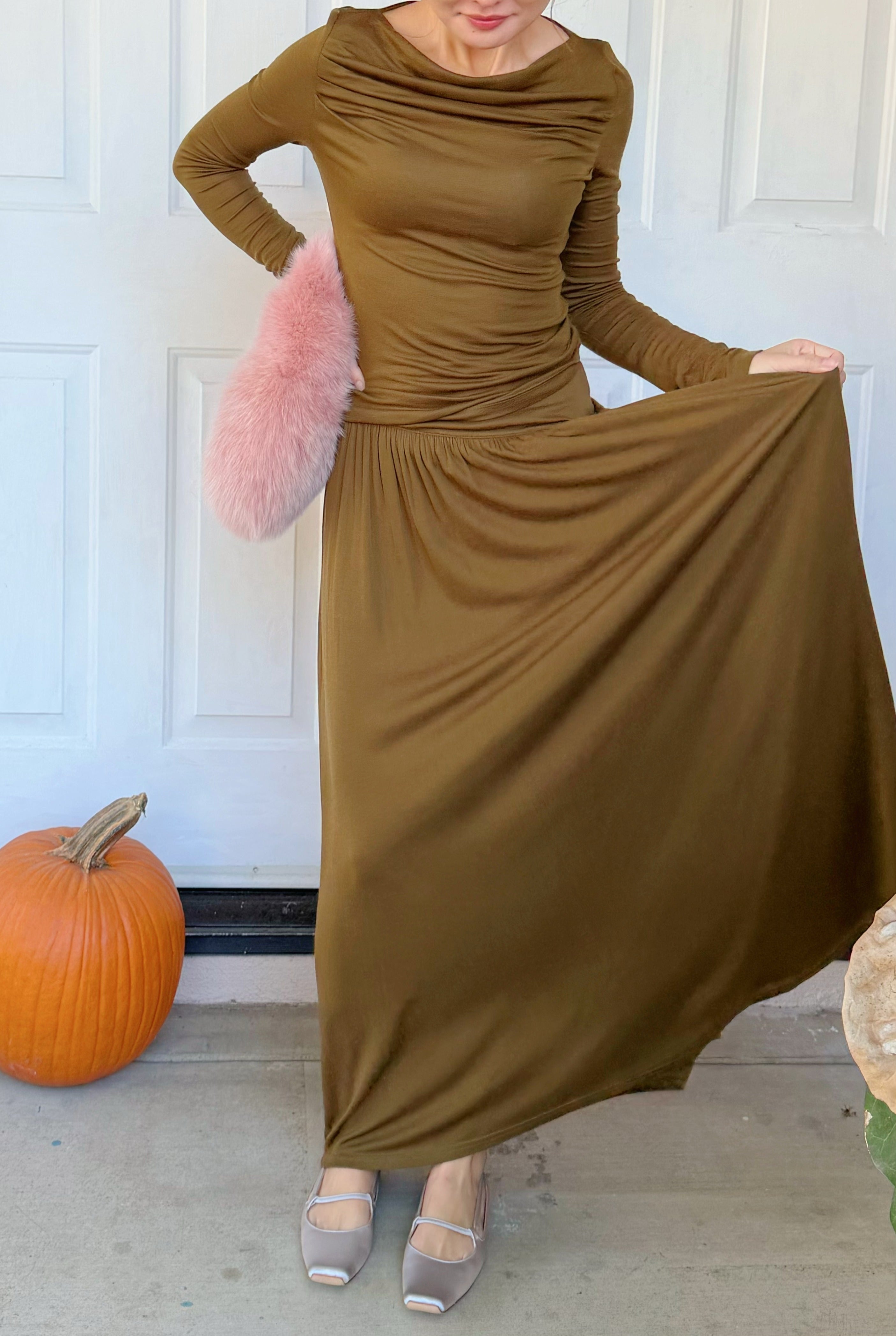 【Riko's collection】高弹力天丝羊毛垂感半身裙针织一字领T恤衫套装