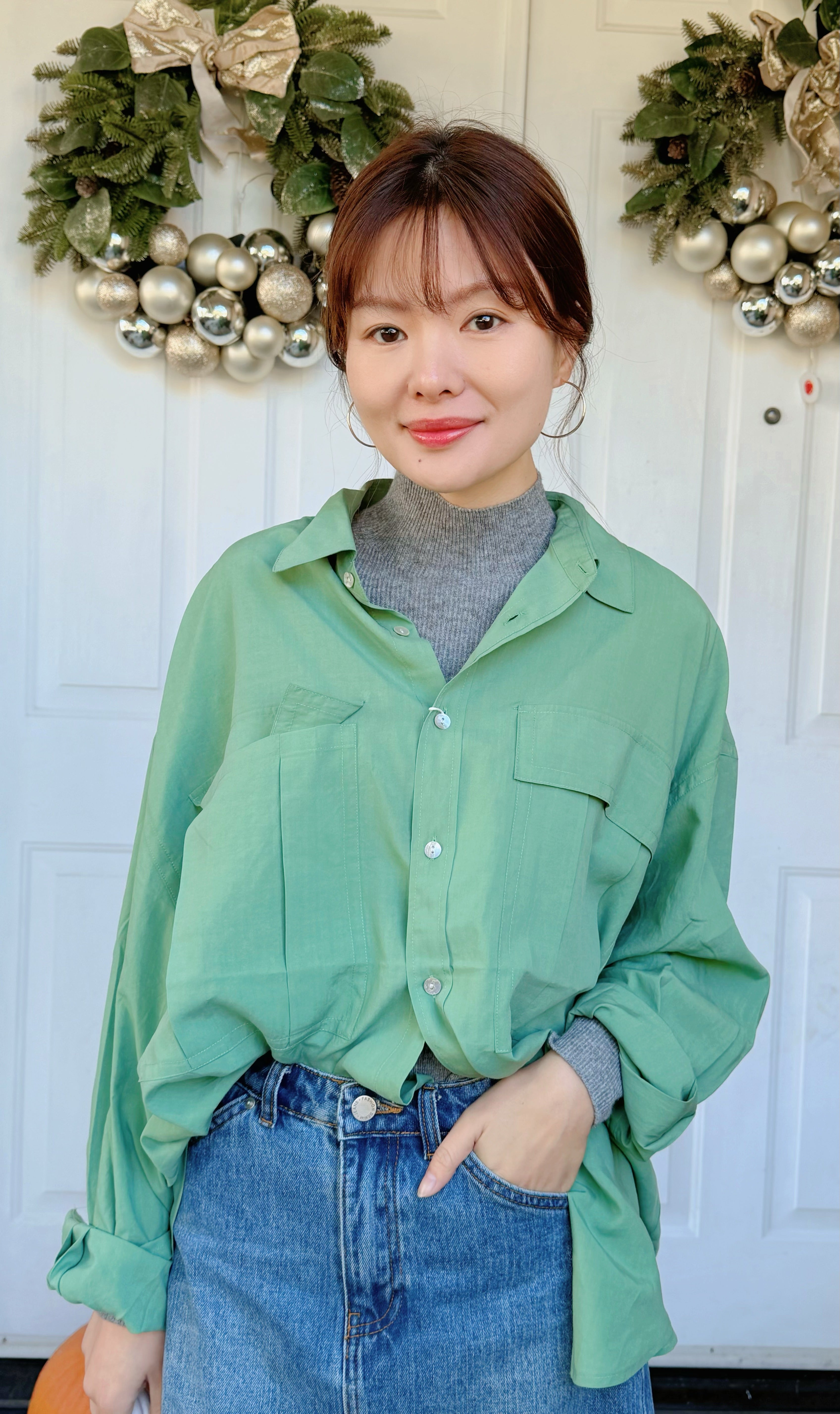 日本ungrid秋季新品 慵懒风 oversize 大口袋落肩长袖衬衫 均码