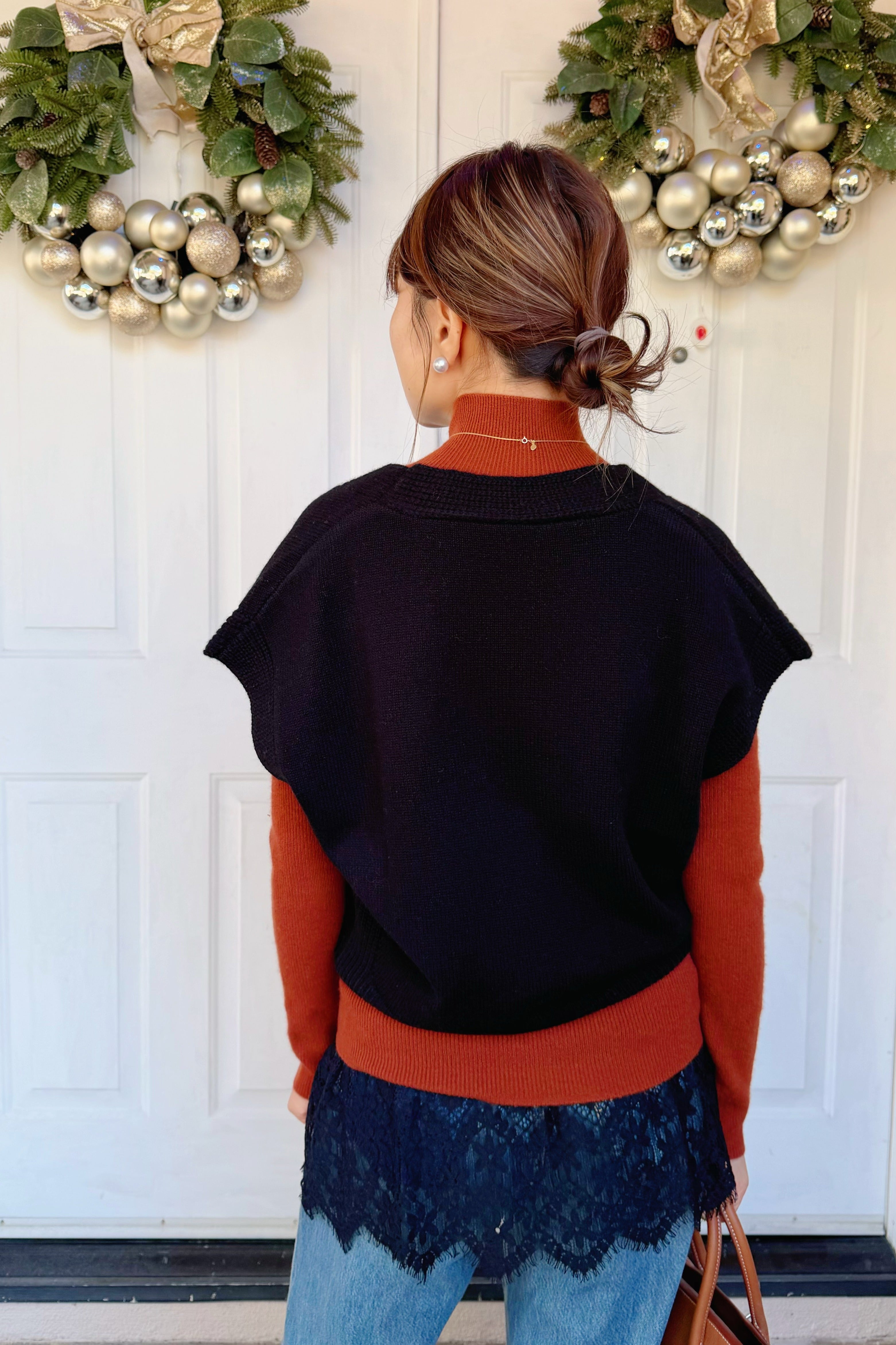 【Riko's collection】慵懒感黑色V领套装均码110斤以内 蕾丝裙+毛线背心