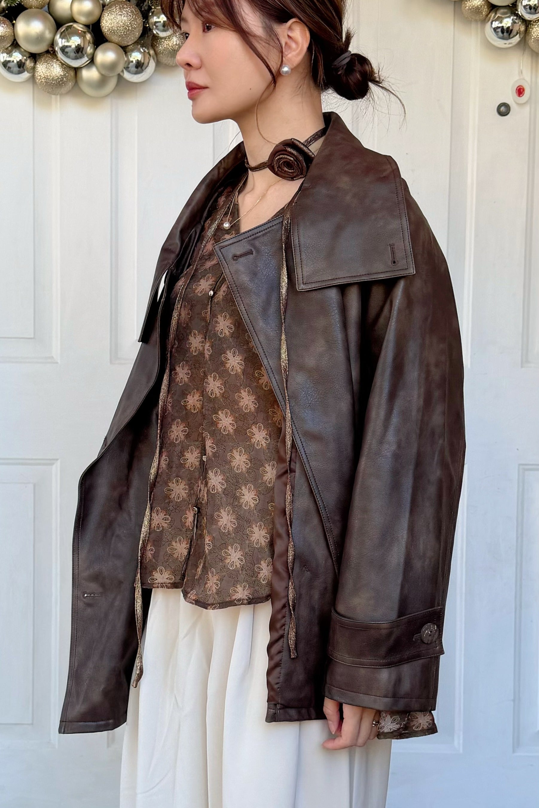 【Riko's collection】棕色水洗皮晕染感插肩袖立领皮衣外套酷酷哒