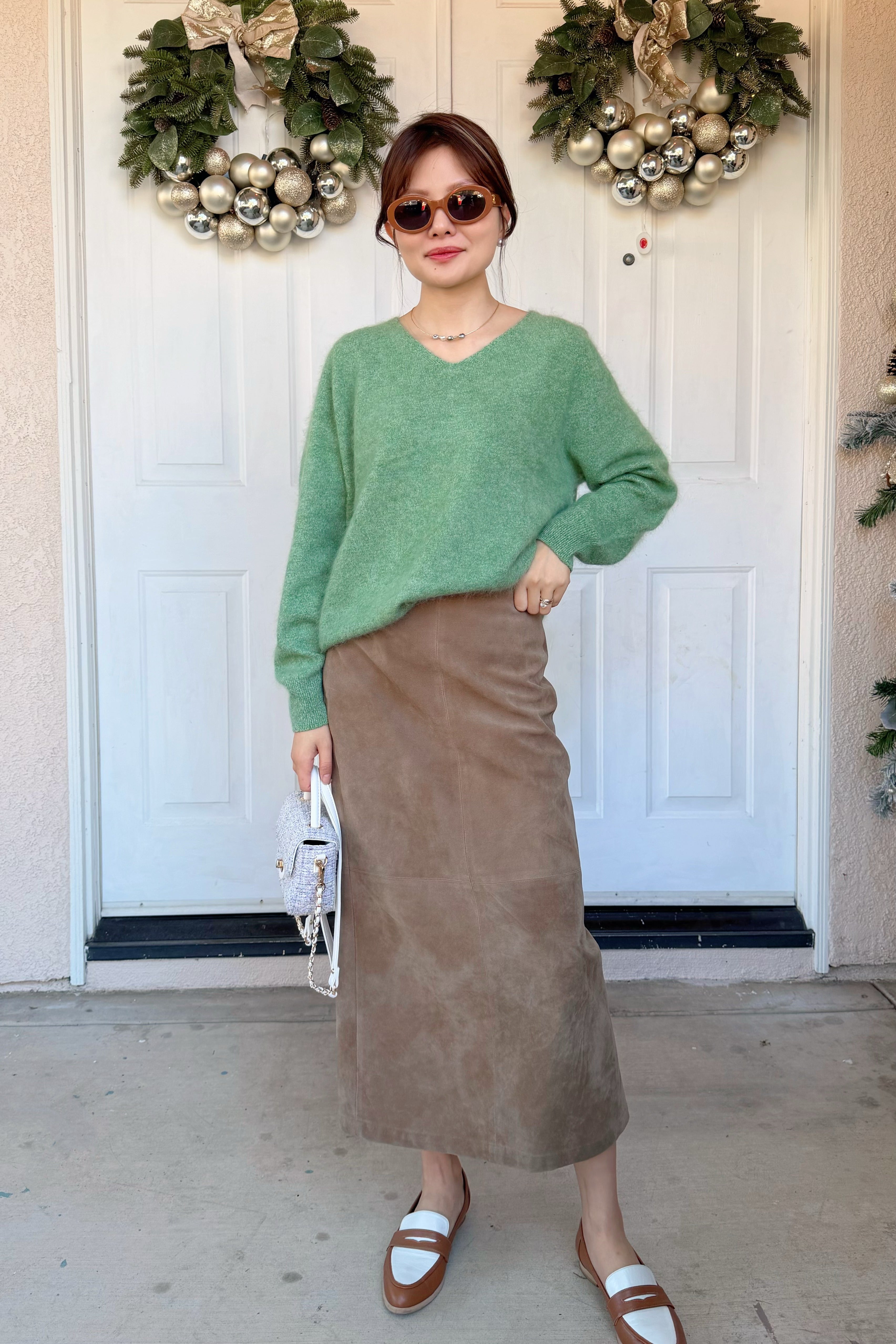 (pre-order item)【Riko's collection】复古后开叉麂皮棕色中长裙半身裙