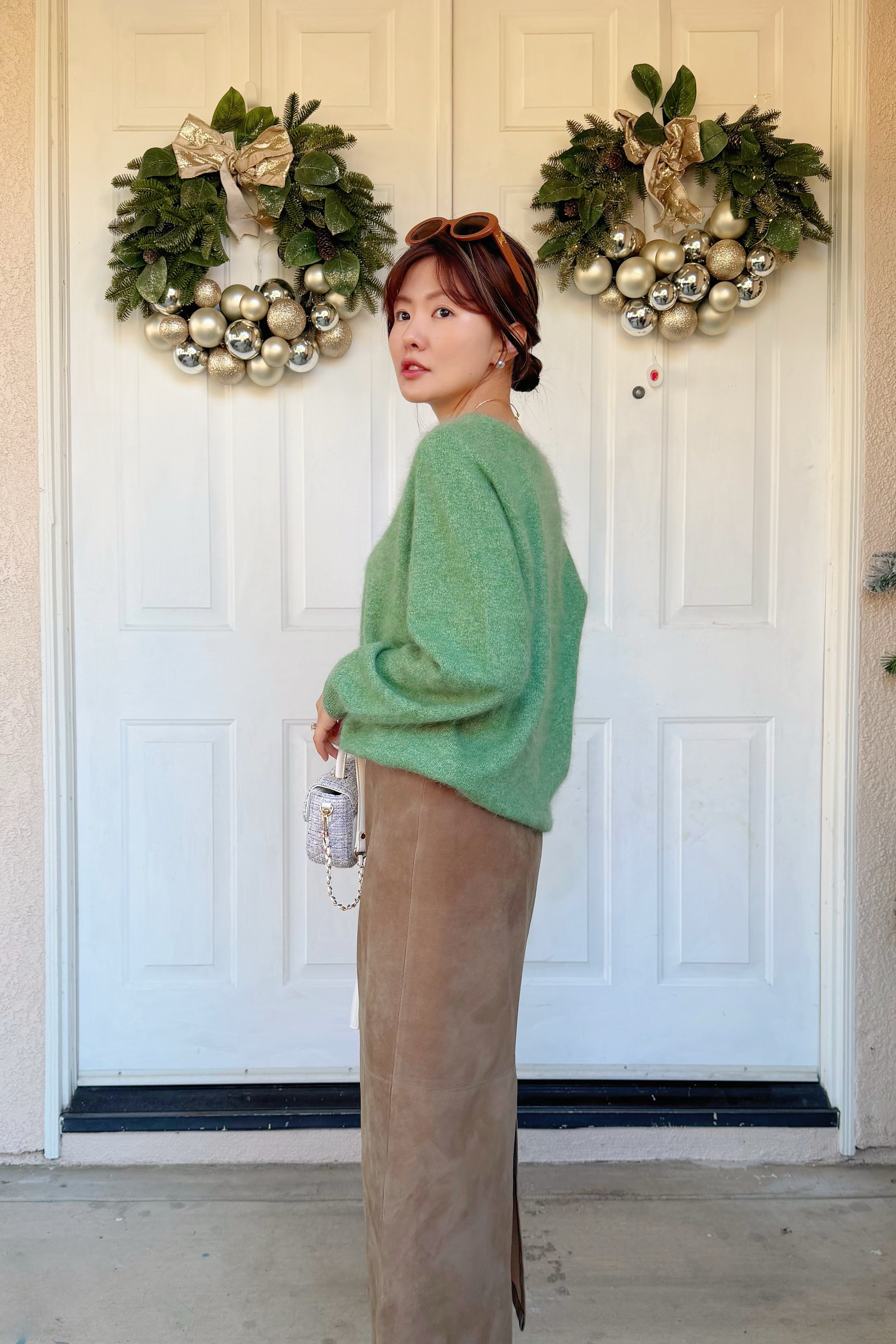 (pre-order item)【Riko's collection】复古后开叉麂皮棕色中长裙半身裙