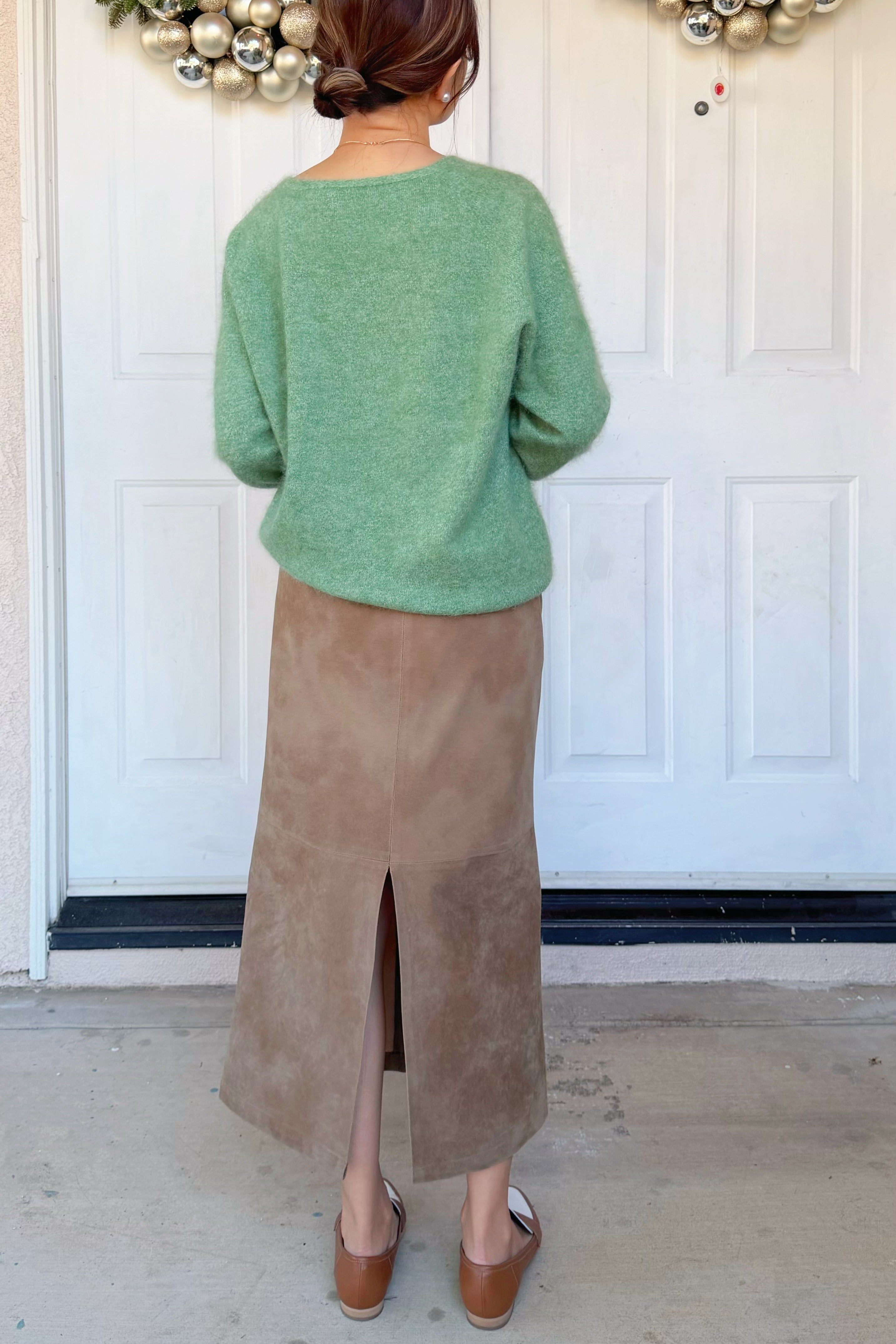 (pre-order item)【Riko's collection】复古后开叉麂皮棕色中长裙半身裙