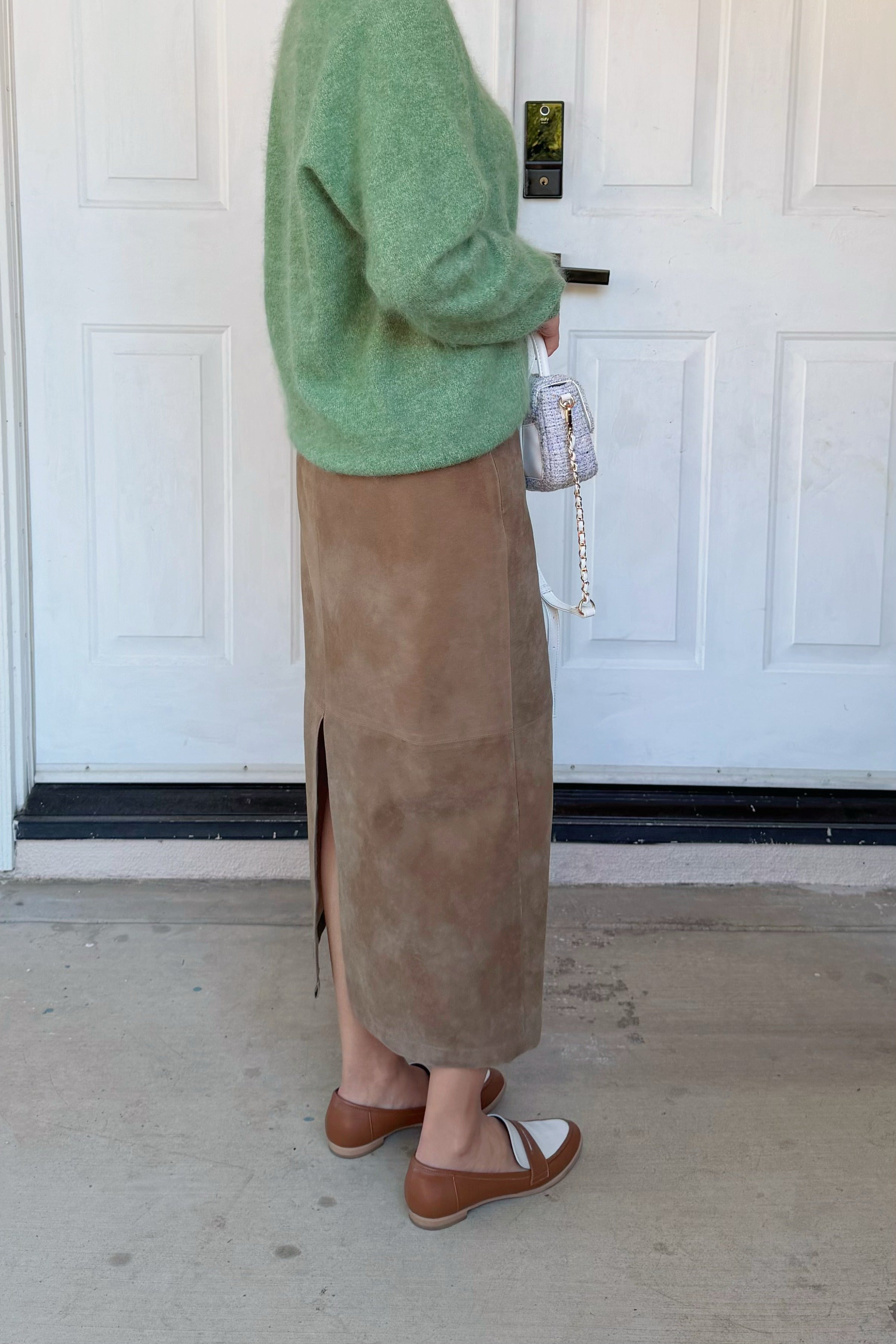 (pre-order item)【Riko's collection】复古后开叉麂皮棕色中长裙半身裙