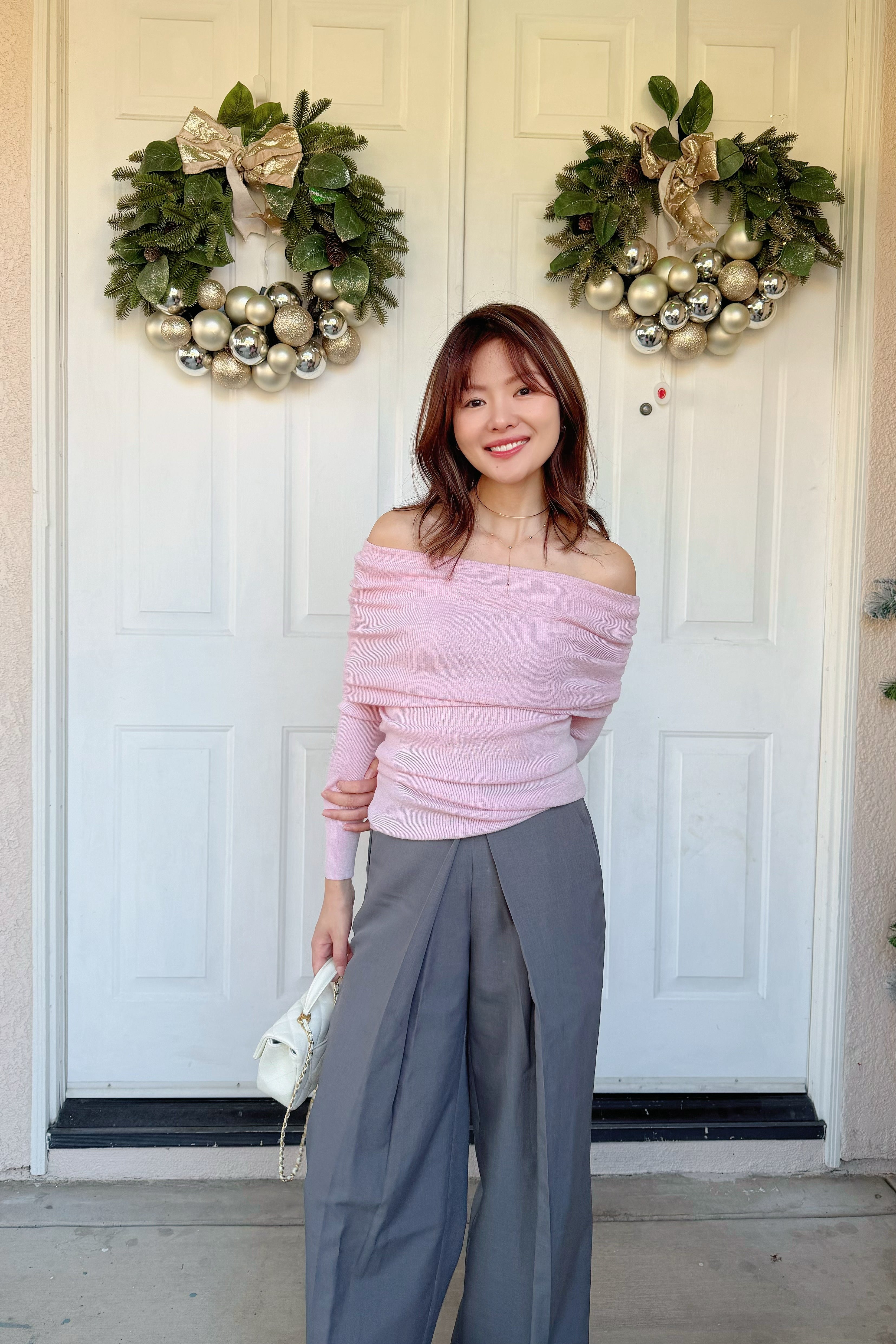 【Riko's collection】法式一字领露肩长袖毛衣樱花粉色